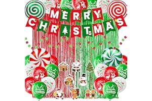 DMIGHT Christmas Party Supplies Decorations Set, Merry Christmas Banner, Foil Balloons, Hanging Swirls, Red and Green Metallic Fringe Curtains, Circle Dots Garland