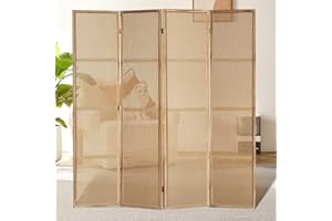 Asnefeli 4 Panel Room Divider, 5.6FT Foldable Wood Room Divider, Folding Privacy Screens, Hand-Woven Rattan Room Divider, Freestanding Room Divider Screen for Home Office Restaurant Bedroom (Natural)