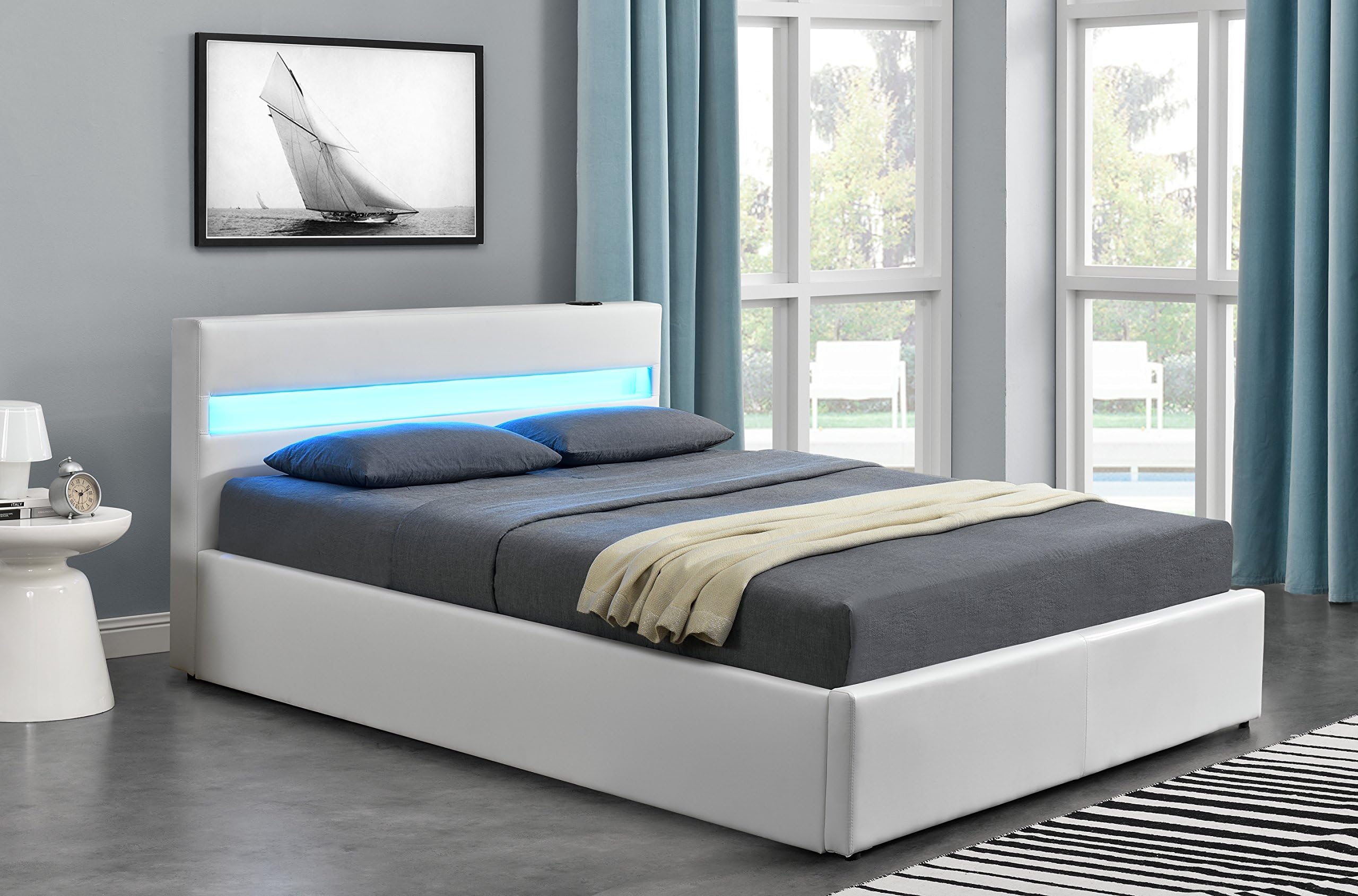 Harmin Music, Ottoman Storage, LED, Leather Bed - Double or King Size *BARGAIN* (Double 4ft6, White)