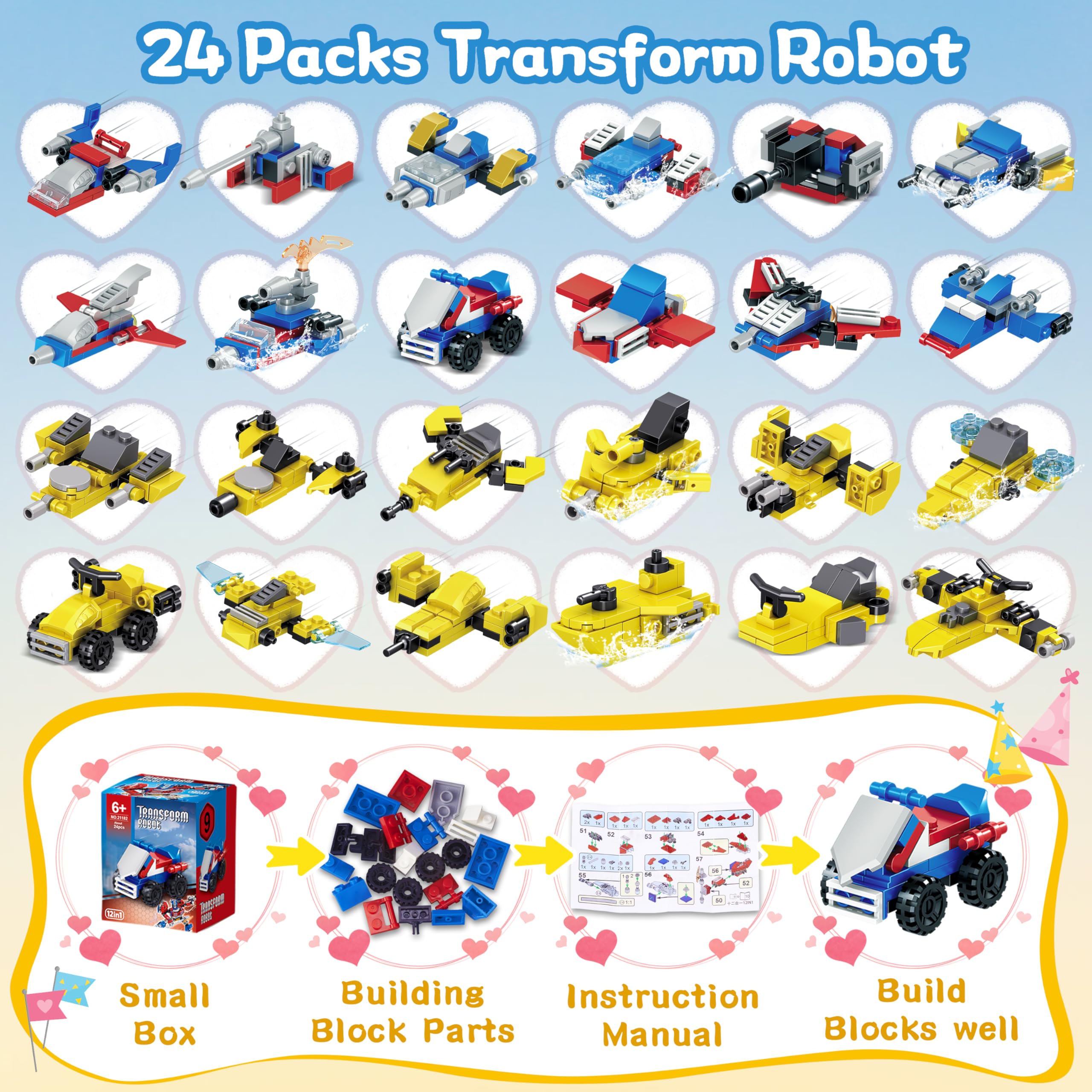 Advent Calendar 2025-24 Packs Transform Robot Building Blocks, 12-in-1 Party Favors Creative Action Mech Toy Building Set for Stocking Stuffers, Countdown to Christmas Birthday Gifts for Boys Girls