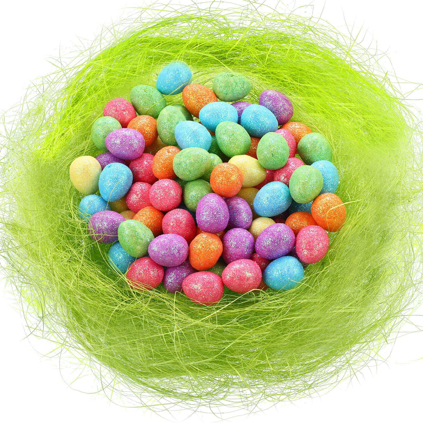 Fiada 300 Pieces Glitter Easter Eggs Small Decorative Foam Eggs Colorful Eggs Ornaments with Shredded Paper Grass for Easter Craft Home Decor, 0.6 x 0.7 Inch