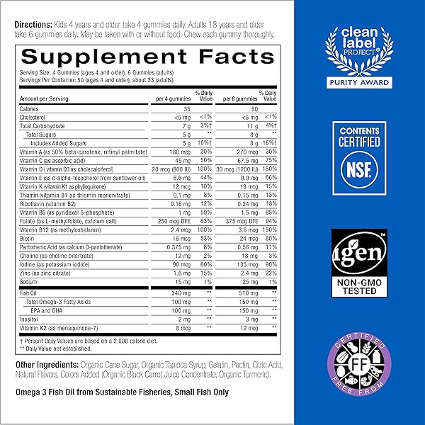 SMARTYPANTS MULTIVITAMIN FOR MEN, WOMEN & CHILDREN: VITAMIN GUMMIES WITH OMEGA 3 FISH OIL (EPA/DHA), METHYLFOLATE, VITAMIN D3, C, VITAMIN B12, B6, VITAMIN A, K & ZINC, 200 COUNT (30 DAY SUPPLY)
