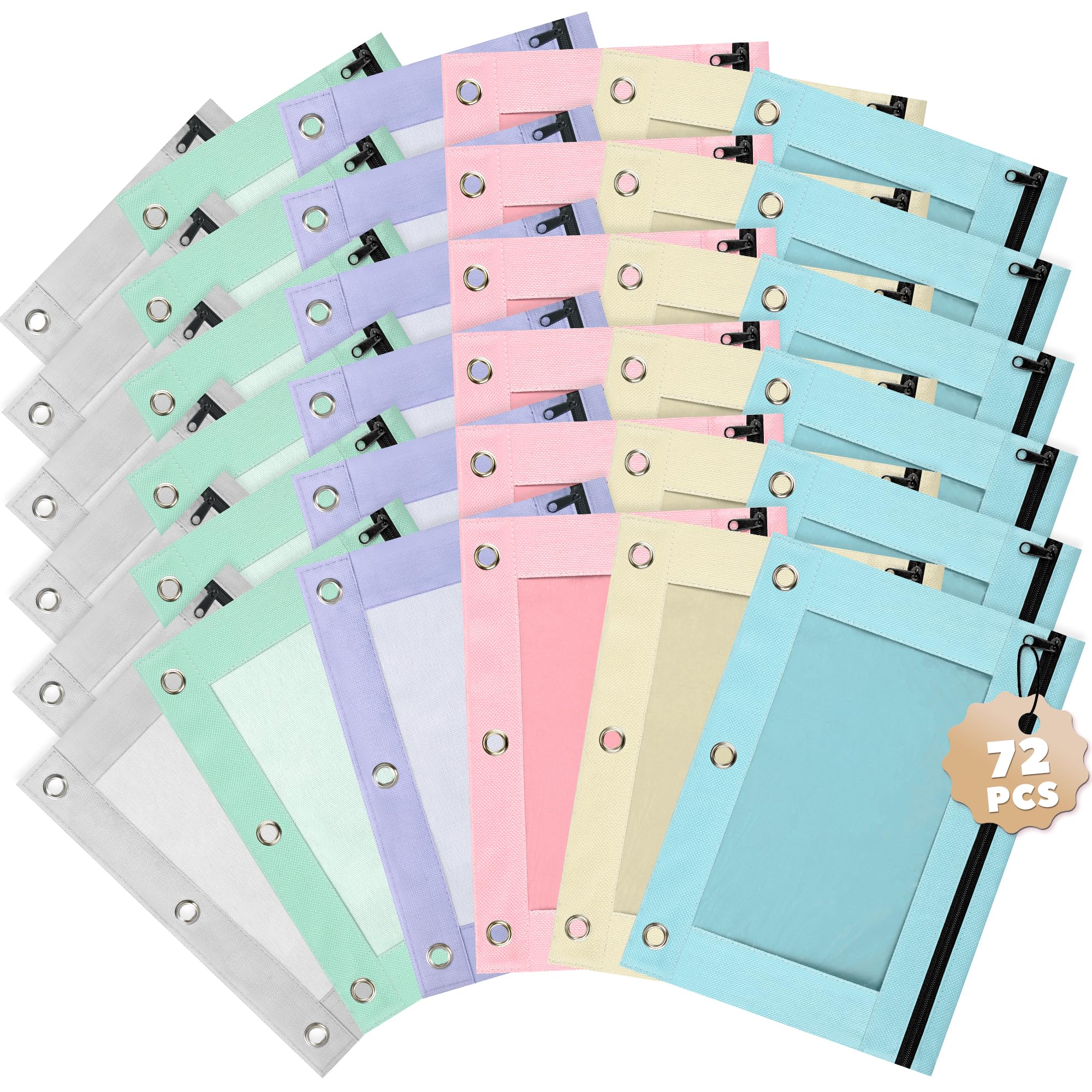 Photo 1 of Lanpn Pencil Pouch for 3 Ring Binder 72 Pack, Pastel Binder Pen Bags Bulk with Zipper, Aesthetic 3 Holes Pencil Holder Organizer for Boy Girl Kids School Student, Reinforced Grommets & Clear Window