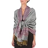 Sakkas Border Pattern Layered Reversible Woven Pashmina Shawl Scarf Wrap Stole
