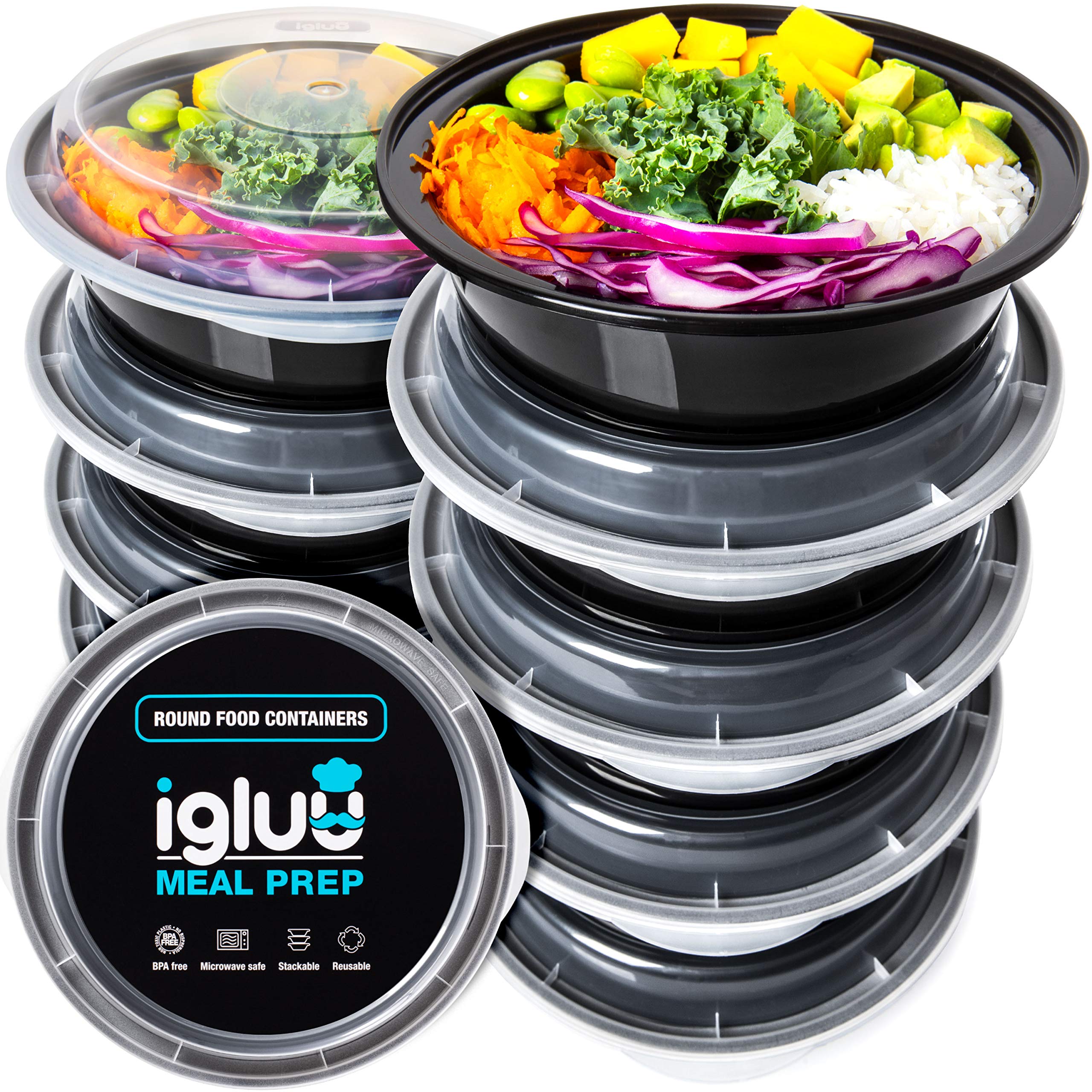 Igluu Meal Prep Containers Reusable (10 Pack) – Round Food Containers with Lids – Stackable, Microwave, Freezer & Dishwasher Safe – 828ml/28oz – 1 Compartment – BPA-Free