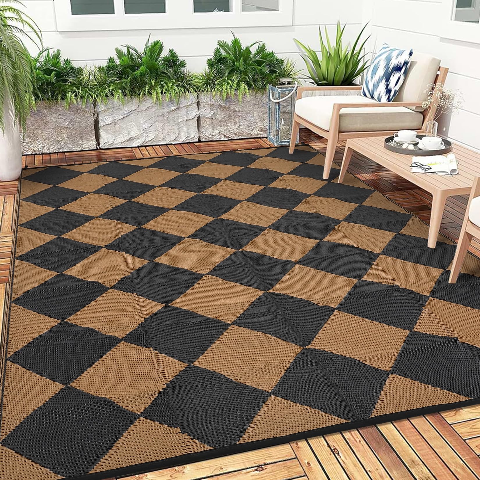 GlowSol Outdoor Rug 9×12 Waterproof Outdoor Plastic Straw Rug for Camping with Carry Bag, Reversible Easy Cleaning Checkered Floor Mat Outside Carpet for RV Patio Backyard Deck Picnic,Black Brown