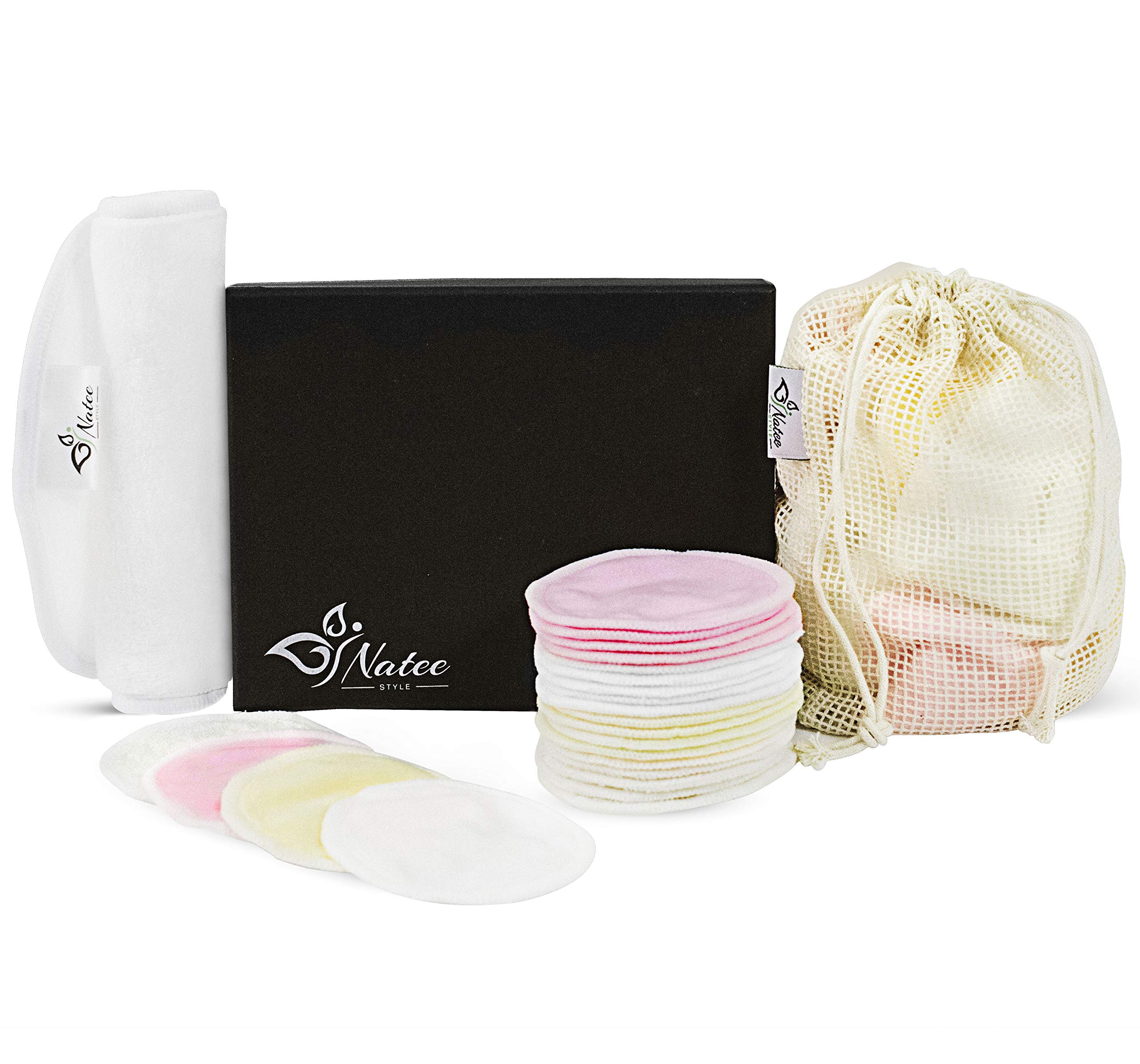 Bamboo Reusable Cotton Pads by NATEE | 20 Make Up Remover Pads with Mesh Laundry Bag & Soft Velour Makeup Towel | Zero Waste Eco-Friendly Natural Face&Skin Care | Washable Fabric Organic Make Up Pad