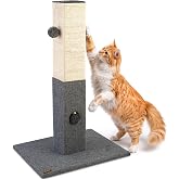 Pawbee 32" Cat Scratching Post with Jingle Bell and Softball, Sisal Rope Tower for Indoor Adults Large Cats, Gray &amp; Beige