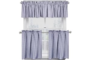 Native Fab Gingham Check 3 Pieces Window Curtain Tiers 26"x36" and Valance 54"x18" Set - Rod Pocket - Semi Sheer - Farmhouse Curtain for Kitchen, Cafe, Bathroom, Living Room - Blue and White