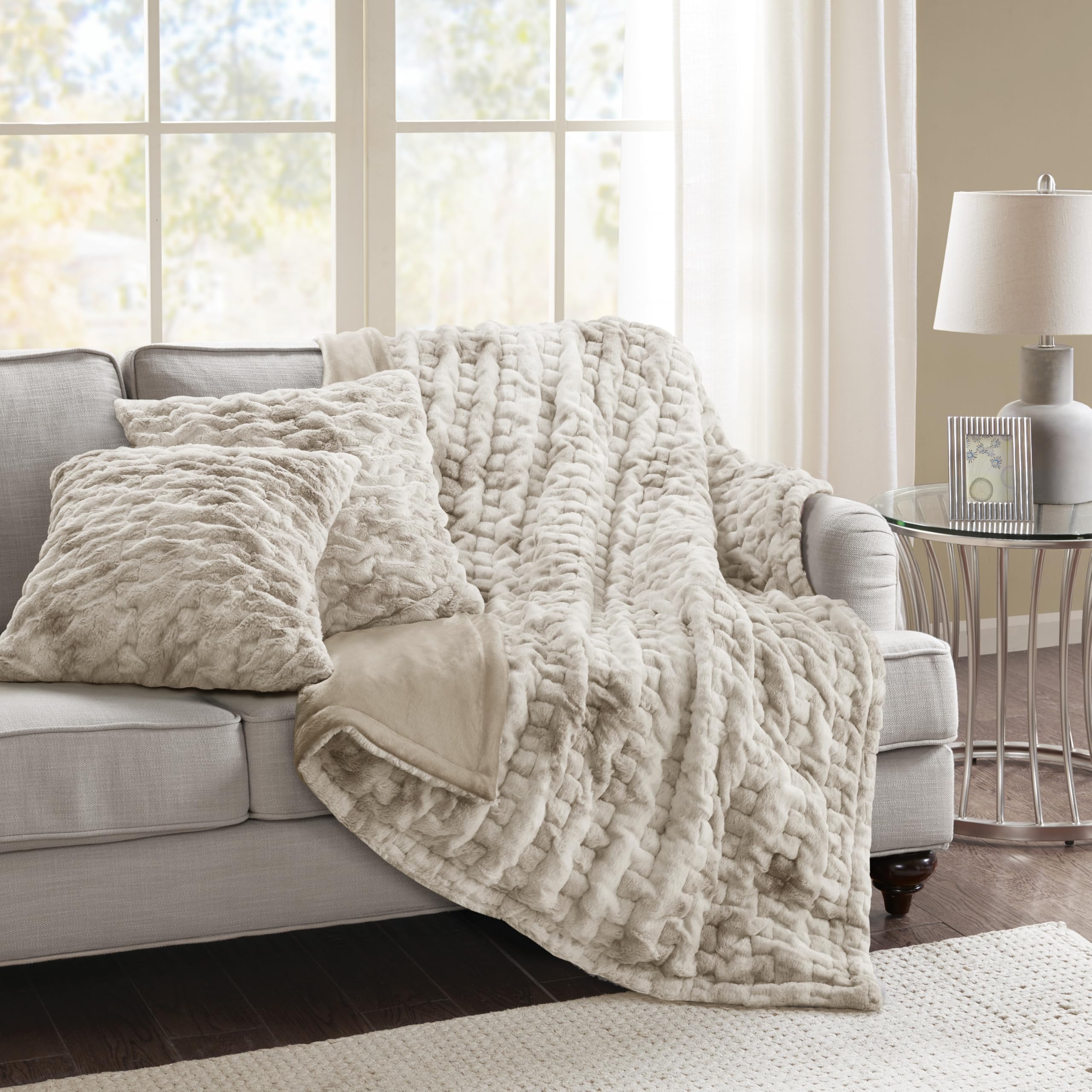 Comfort Spaces Ruched Faux Fur Plush Throw Blanket and Pillow Set with 2 Matching Square Pillow Covers Sofa Throw Blanket for Living Room, Chair, Couch, Home Office Fuzzy Soft Tan Tie Dye 50"x 60" Image