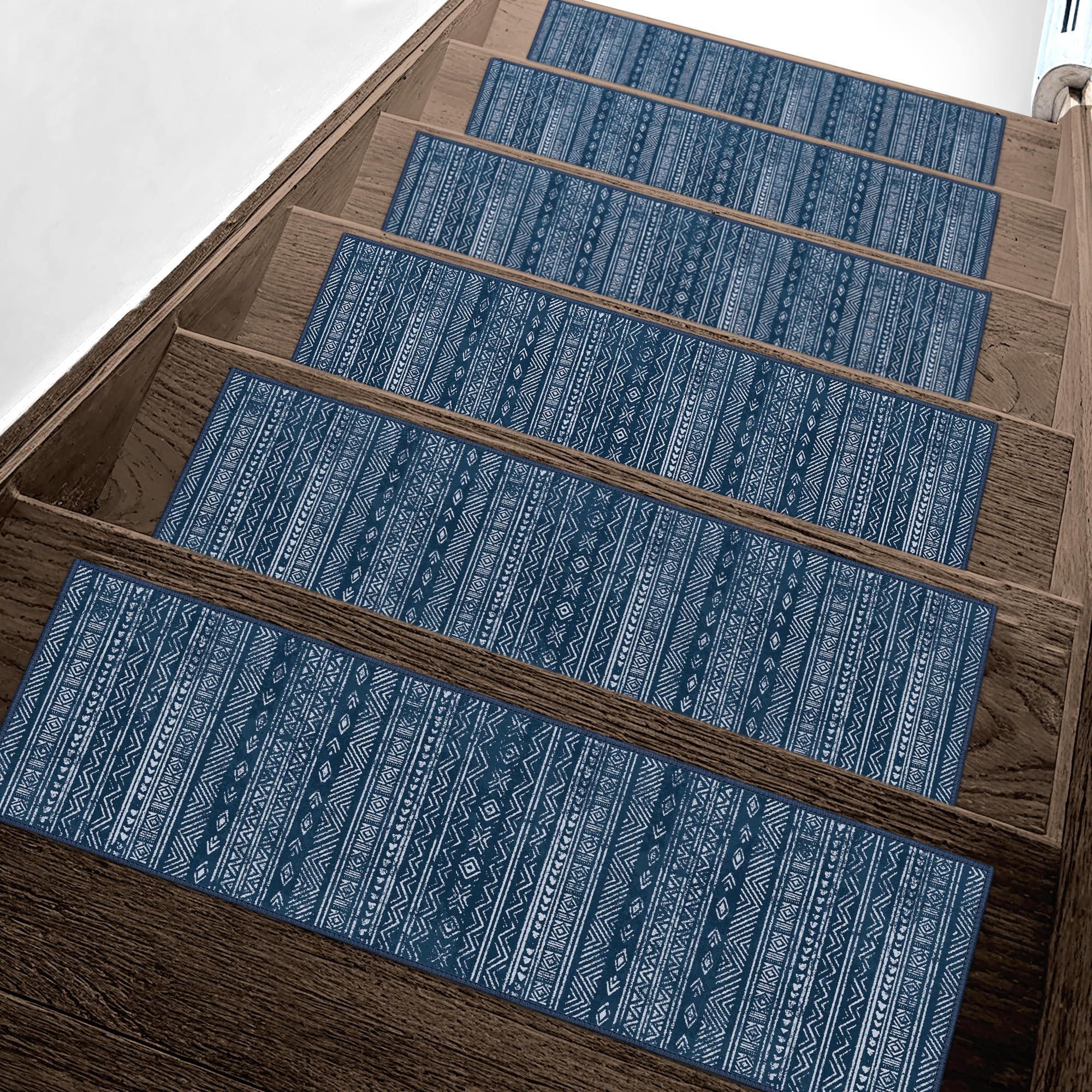 Photo 1 of sarben Carpet Stair Treads Non Slip 15PCS, 8" X 30"Edging Stair Runner for Wooden Steps Indoor, Resistant Stair Rugs with Reusable TPE Adhesive Backing, Residue Free Mat for Kids,Elders,Pets,Dark Blue