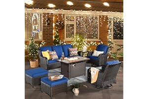 XIZZI Patio Furniture Sets Outdoor Swivel Rocking Chairs with 50,000 BTU Propane Fire Pit Table 7 Pieces All Weather PE Wicker Conversation Sofa and Matching Side Table,Brown Rattan Navy Blue
