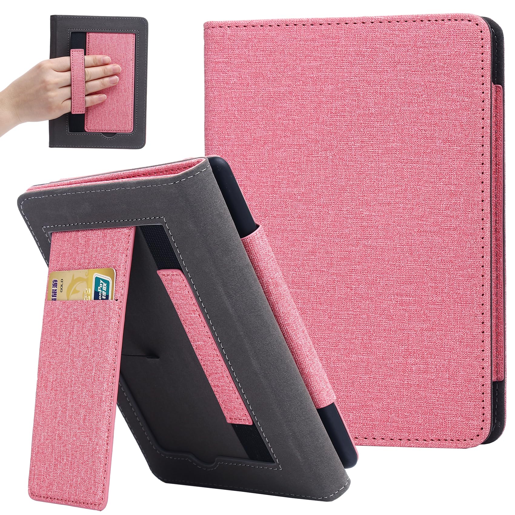 SCSVPN Stand Case for 7''/6.8'' Kindle Paperwhite (12th/11th Generation-2024/2021) & Kindle Colorsoft Signature Edition, PU Leather Smart Protective Cover with Hand Strap, Auto Sleep/Wake - Pink