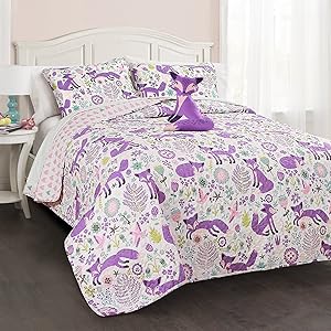 Lush Decor Pixie Fox 3 Piece Quilt Set, Twin, Purple and Pink
