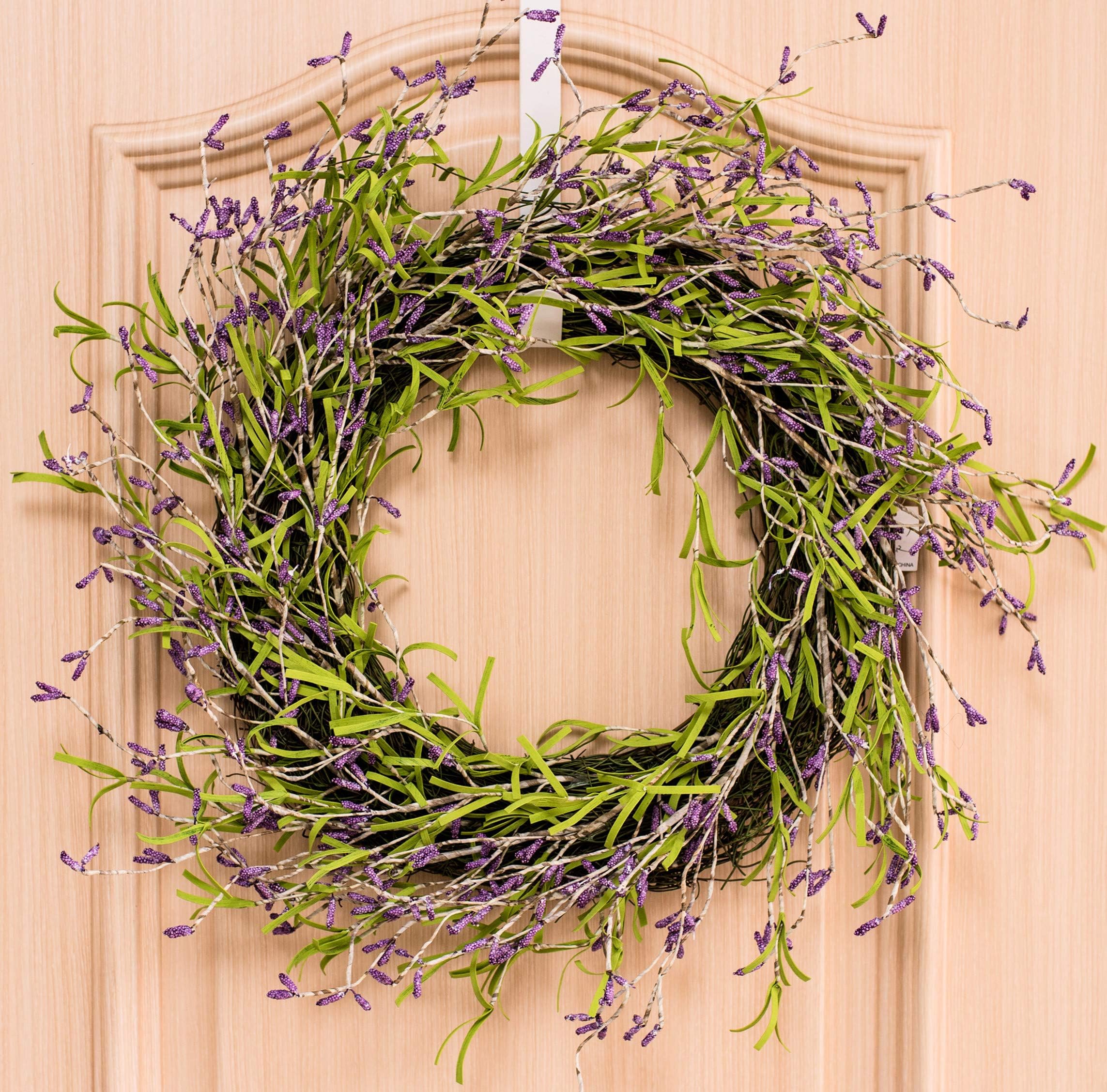 Artificial Spring Front Door Wreath 24 Inch Purple Lavender Pip Berry Wreath on Grapevine Base Large Farmhouse Natural Round Wreath for Festival Celebration Front Door Wall Window Hanging Decor