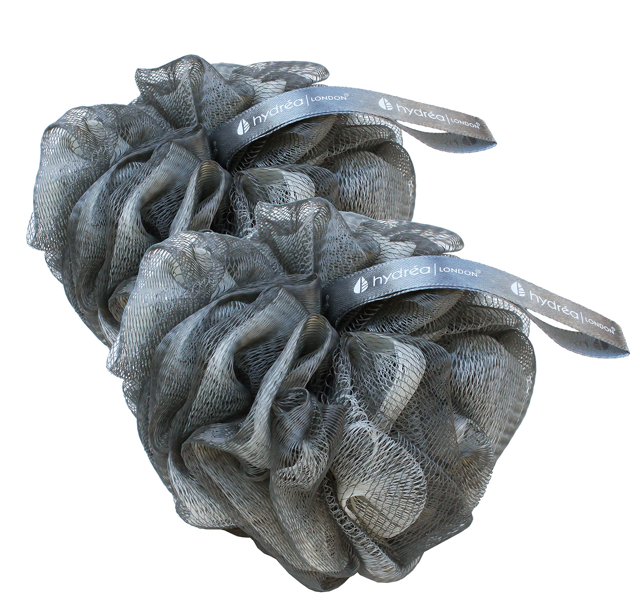 Hydrea London Shower Puffs - Pack of 2 Exfoliating Body Scrubber for Men & Women - Face & Body Cleansing Shower Scrub - Ultra-Soft, Large, & Vegan Bath Scrunchie - Bathing Buffers, Grey