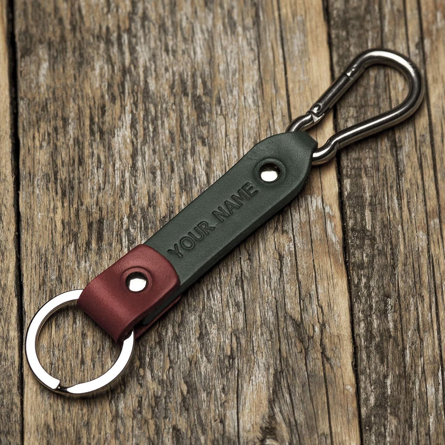 Green and red leather key chain, stainless steel carabiner