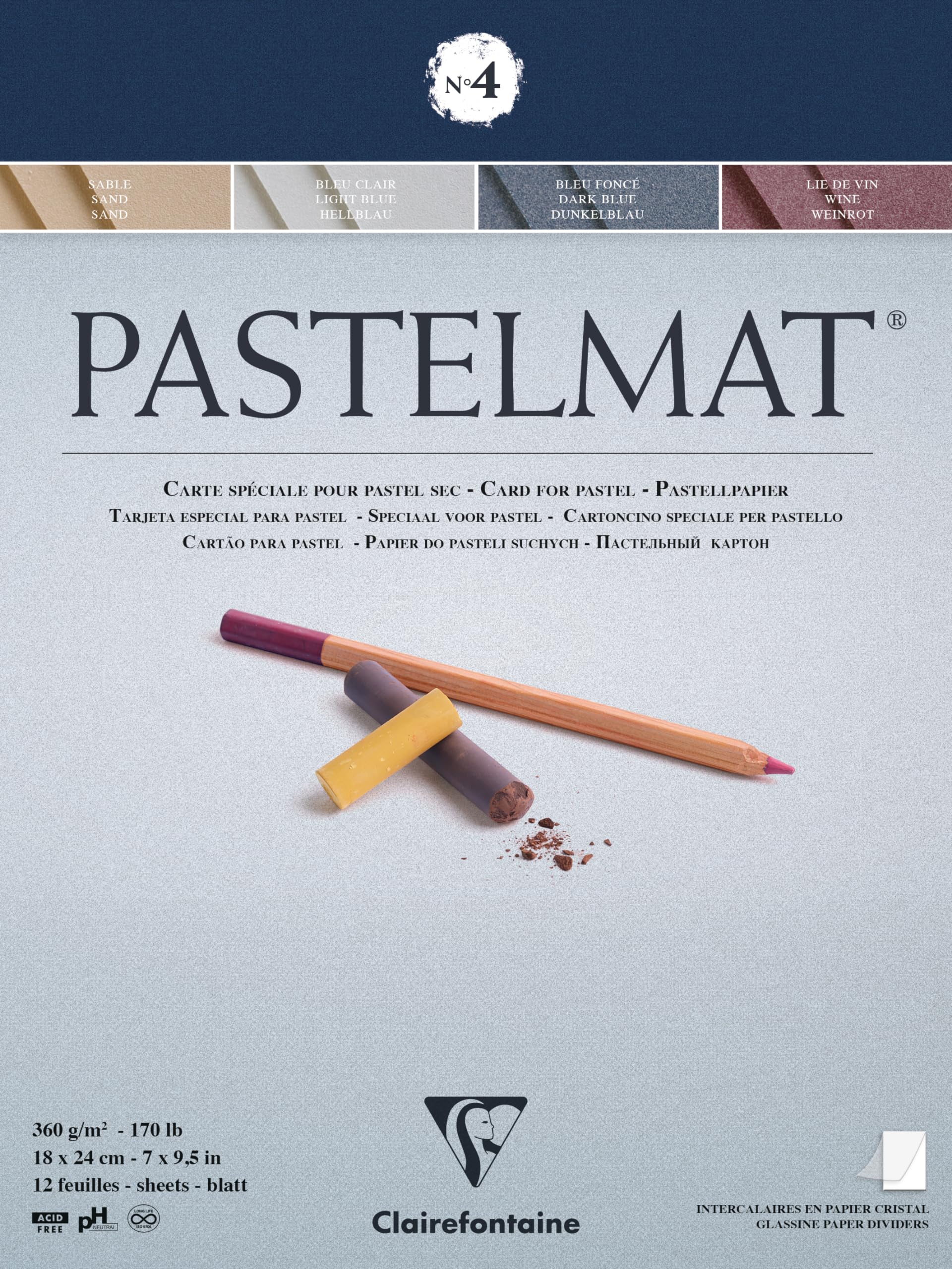 Clairefontaine - Ref 96110C - Pastelmat Pastel Card Pad No.4 (12 Sheets) - 360gsm Card - 18 x 24cm - Assorted Colours - Specially Formulated For Use With Pastels