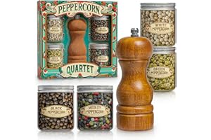 PELTO Gourmet Peppercorn Gift Set with Wooden Pepper Mill in Gift Box - 4 Variety (Green, Black, White, Medley). Unique Christmas Gifts for Dad Gifts Stocking Stuffers for Adults Mother Day Fathers Day