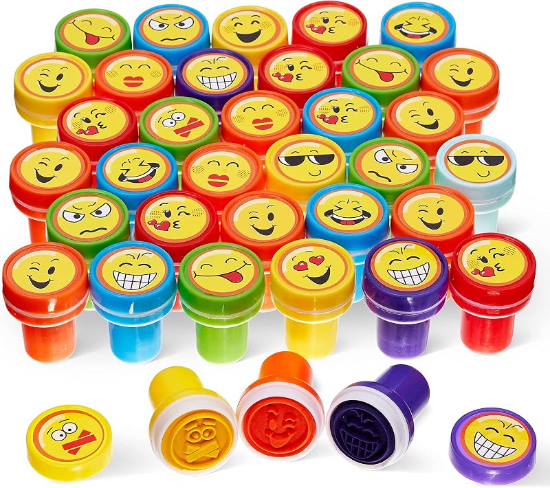 THE TWIDDLERS 36 Emoji Stamps for Kids Assorted Colours Self-Inking Arts Crafts