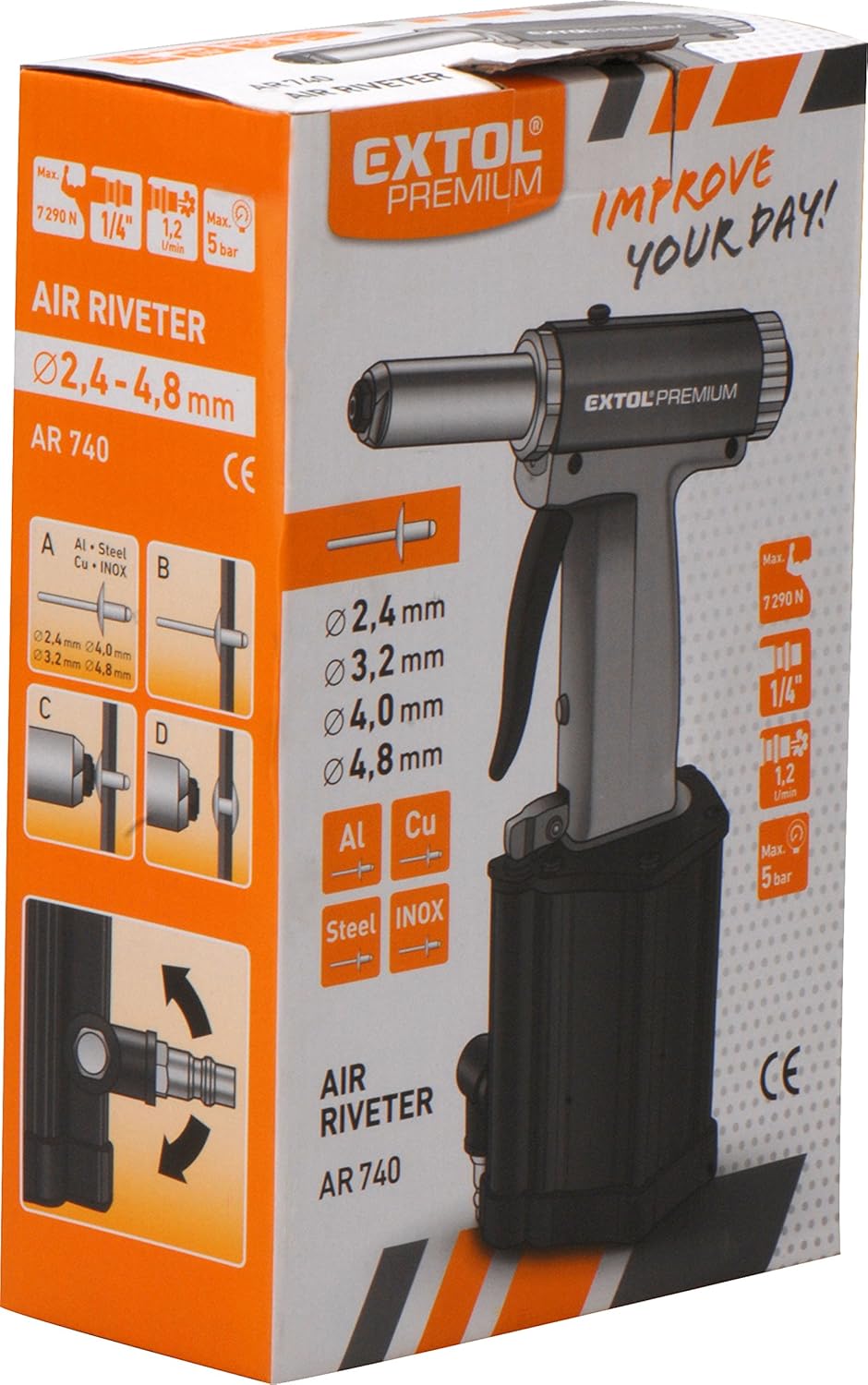 Extol Premium Compressed Air Rivet Gun AR 740 for Rivets with Oil Cooling and Flexible Connection Valve for Rivets 2.4 - Image 5