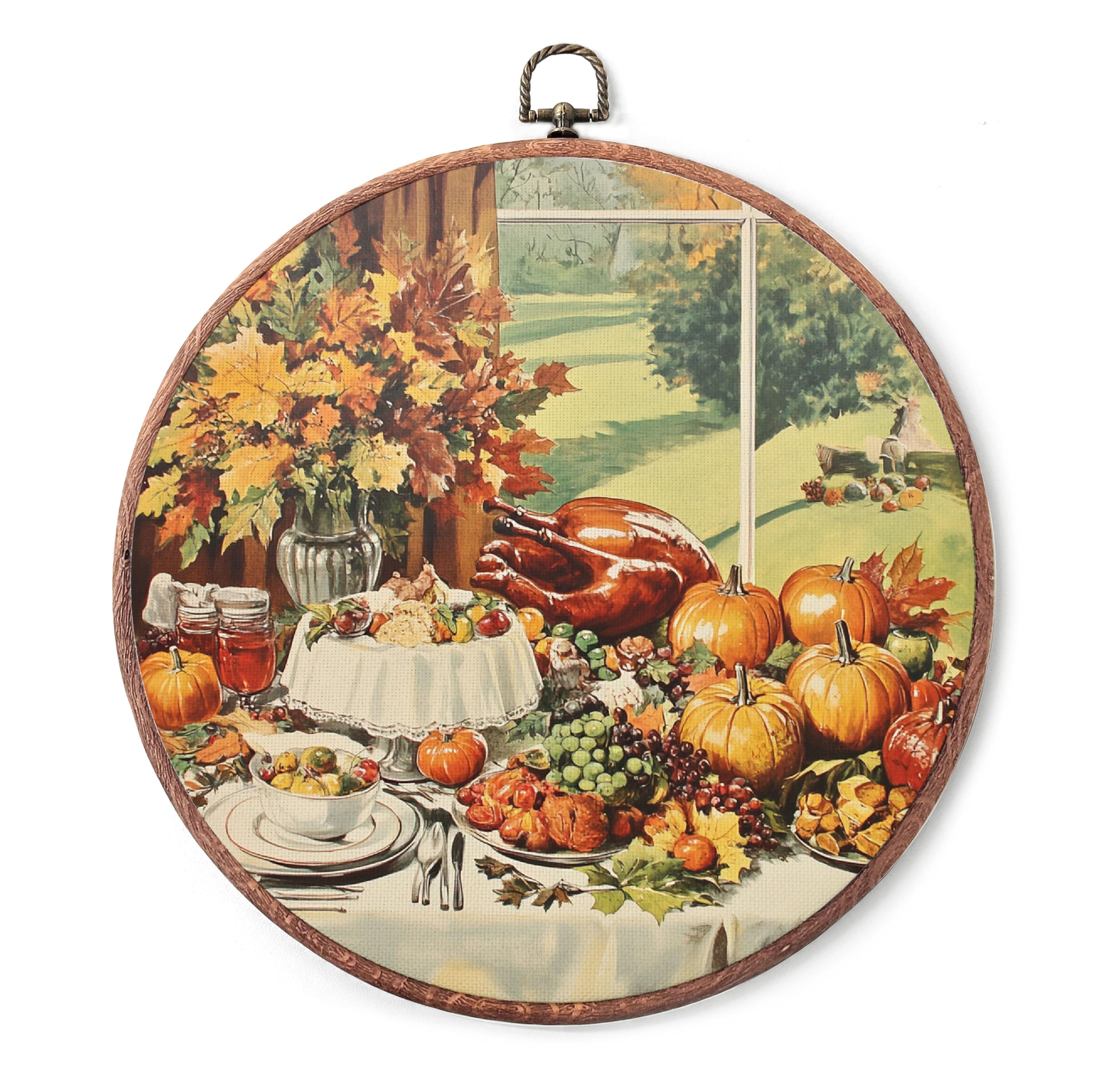 View 1 of *** 2 PACK***Vintage Thanksgiving Round Wall Art Decor, Pumpkin Autumn Retro Framed Art, Vintage Fall Print Canvas Framed Wall Art, Round Hanging Decor for Bedroom Farmhouse Living Room, 10x10 - A05