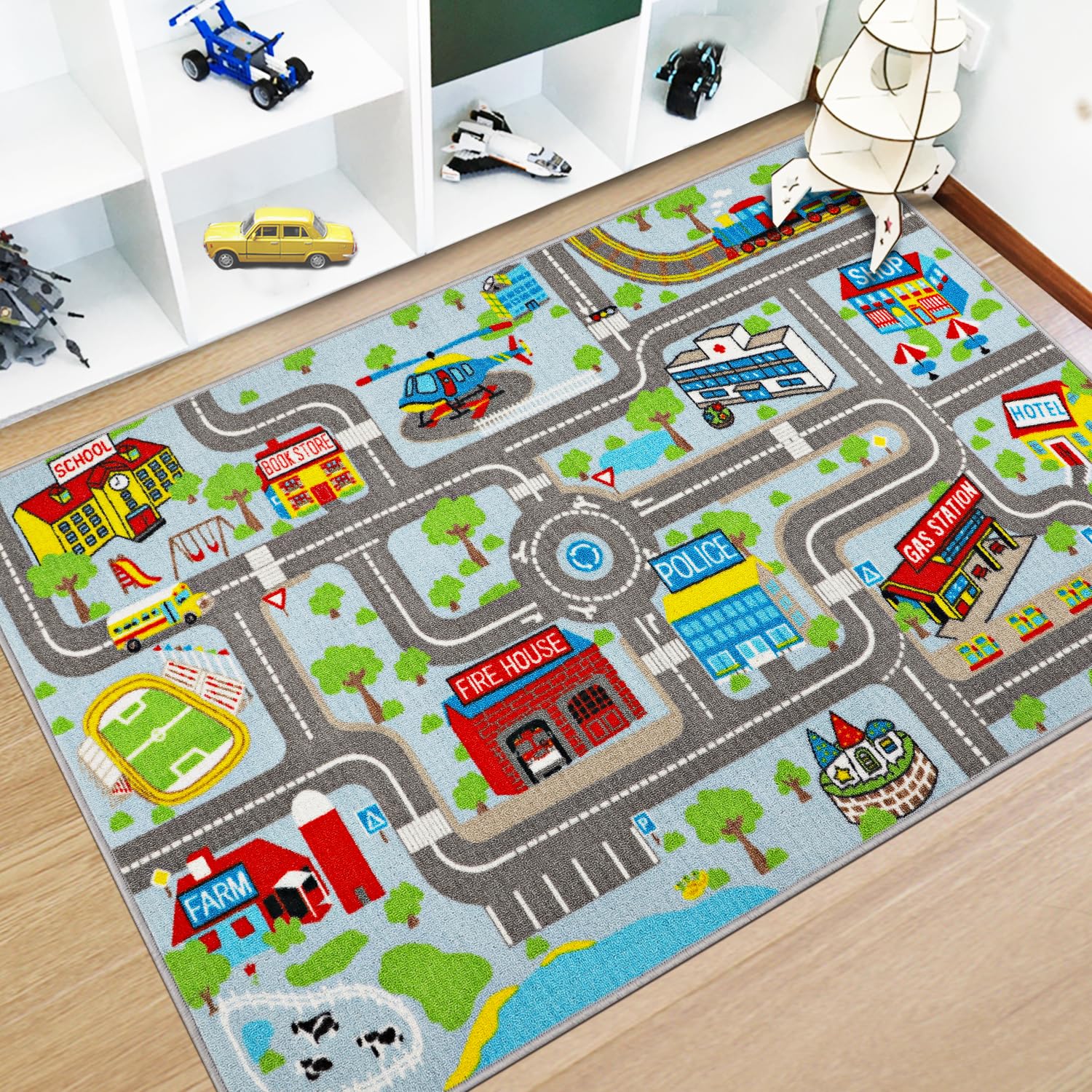 Capslpad Kids Play Rug Town City Road Car Mat 100x160cm Non-Slip Kid Carpet Playmat Machine Washable Exercise Mat Short Pile Learning Educational Area Rug for Kids Room Toddler Playroom, Pastel Blue
