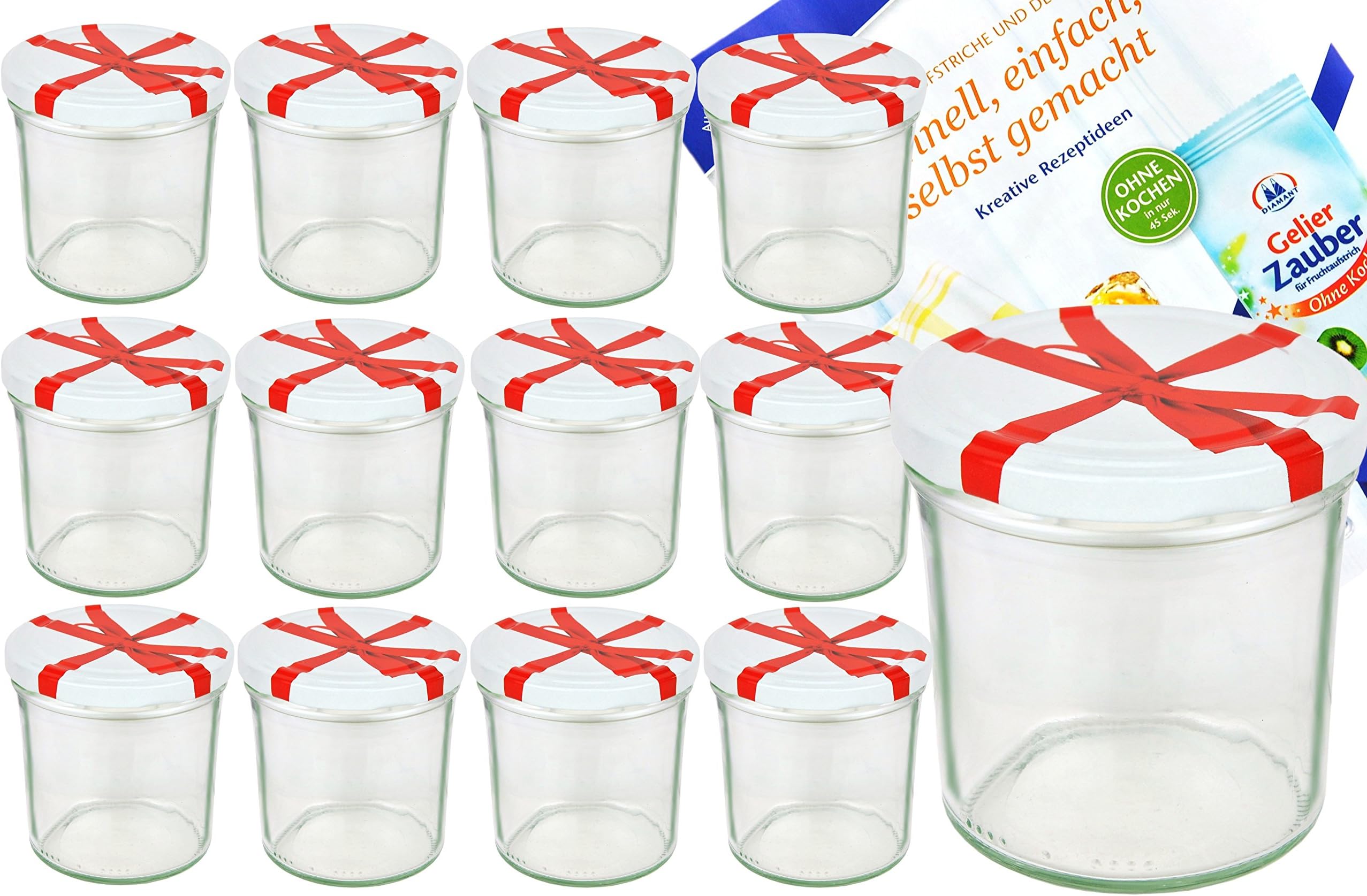 MamboCat Set of 12 Jam Jars 350 ml to 82 White Lids with Bow Decoration Including Diamant Gelierzauber Recipe Book Jam Jars Preserving Jars