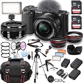 Sony ZV-E10 Mirrorless Camera with 16-50mm Lens + 2pcs 64GB Memory + LED Video Light + Case+ Tripod + Steady Grip Pod + Filters + Macro + 2X Lens + 2X Batteries + More (40pc Bundle) (Renewed)