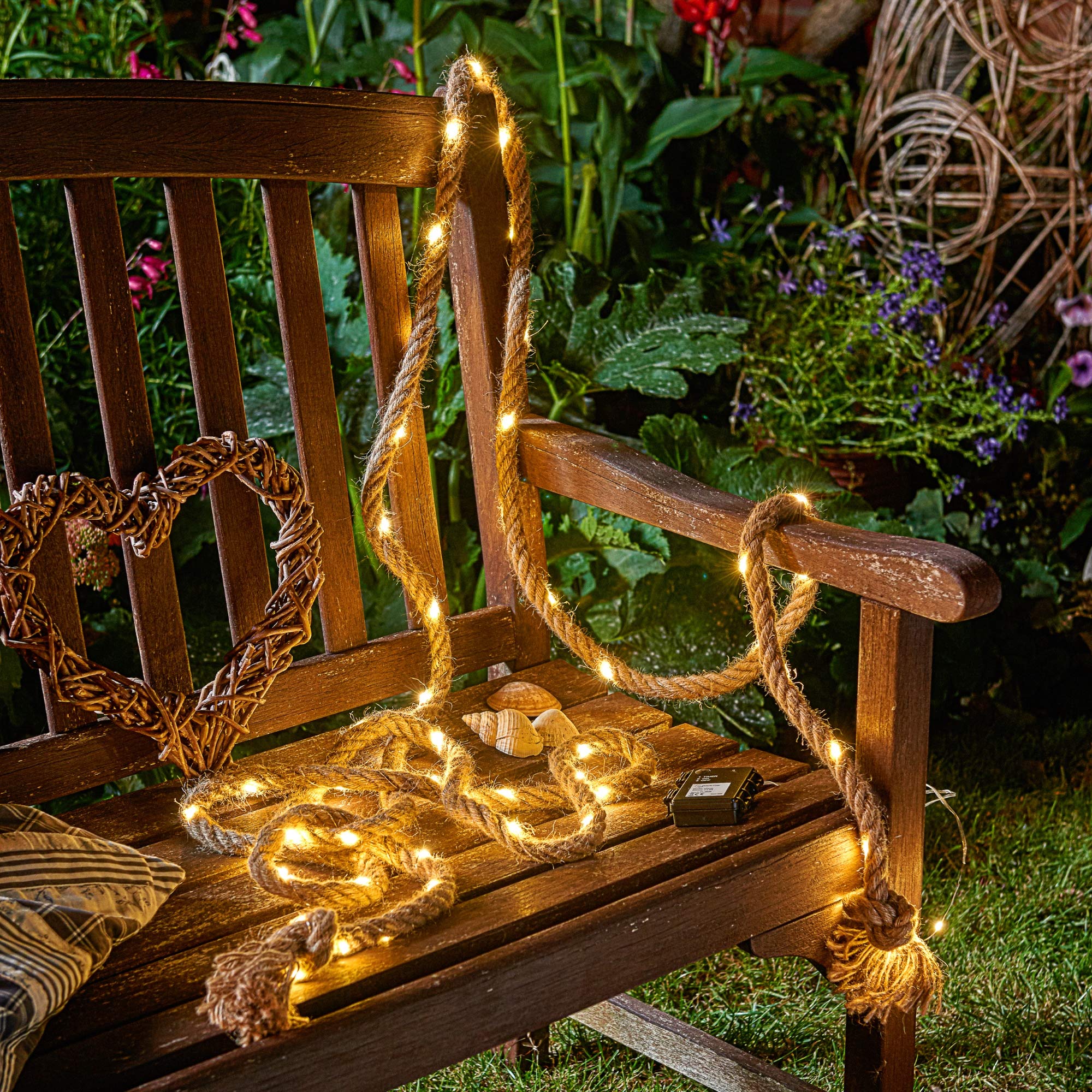 Auraglow Battery Powered 60 LED Indoor Outdoor Home & Garden Natural Hemp Rope String Fairy Light, Ideal for Mantles, Gazebos, Posts and Trees