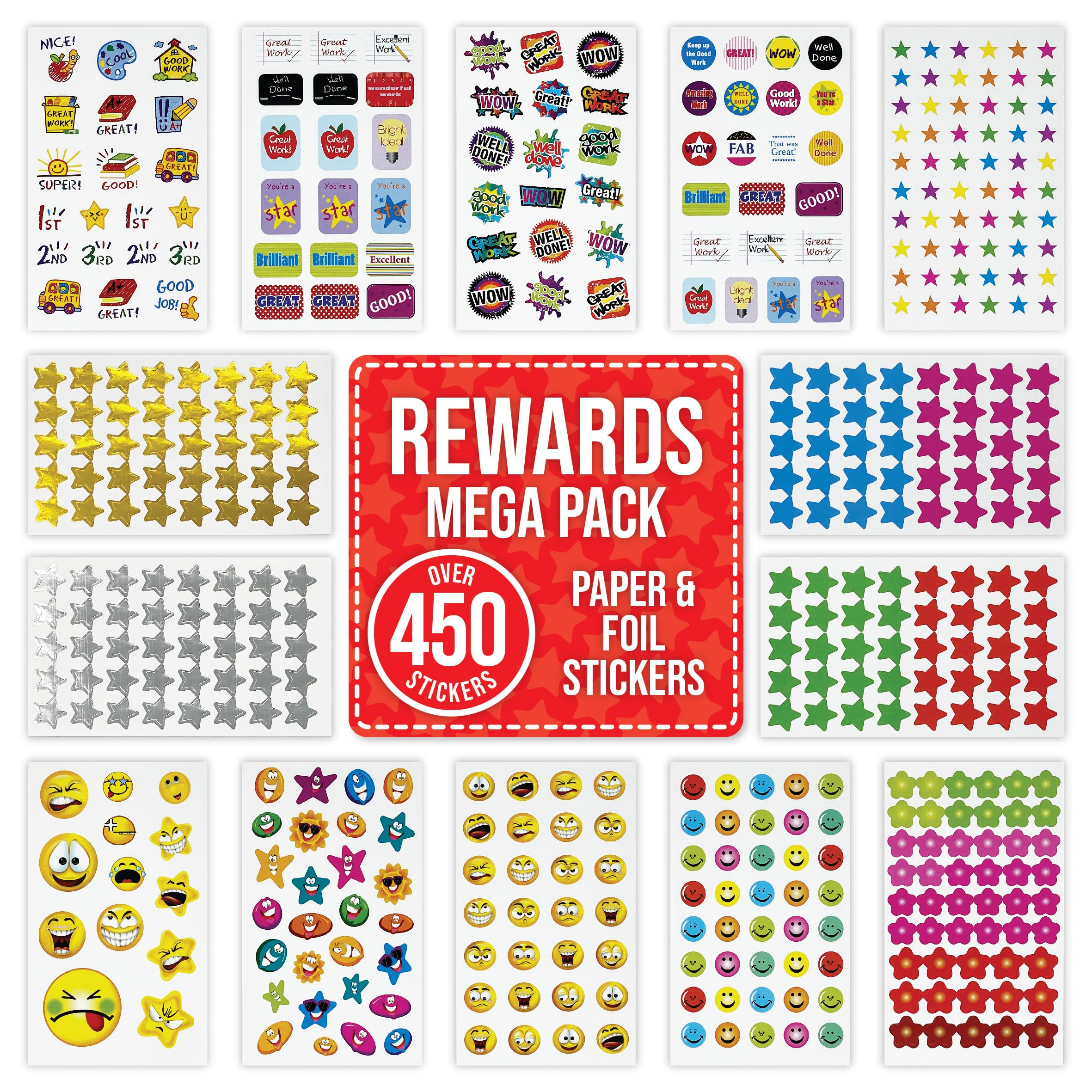 Reward Stickers OVER 450 for Children Kids - Incentive Stickers for Teachers Classroom Supplies, School Bulk Use & Parenting - Crafting, Decorating, Stars, Smiley Faces, Well Done, Good Work