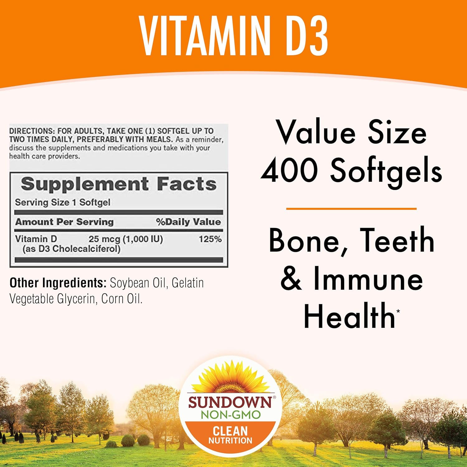 Vitamin D by Sundown, Immune Support & Bone & Teeth Health, 1000IU Vitamin D3, Gluten Free, Dairy Free, 400 Softgels: Health & Personal Care