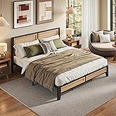 LIKIMIO Queen Rattan Bed Frame with Headboard, Boho Metal Platform Bed | Rattan headboard, 900 lb support, metal slats, EVA pads, 9.8-inch underbed clearance, no box spring needed.
