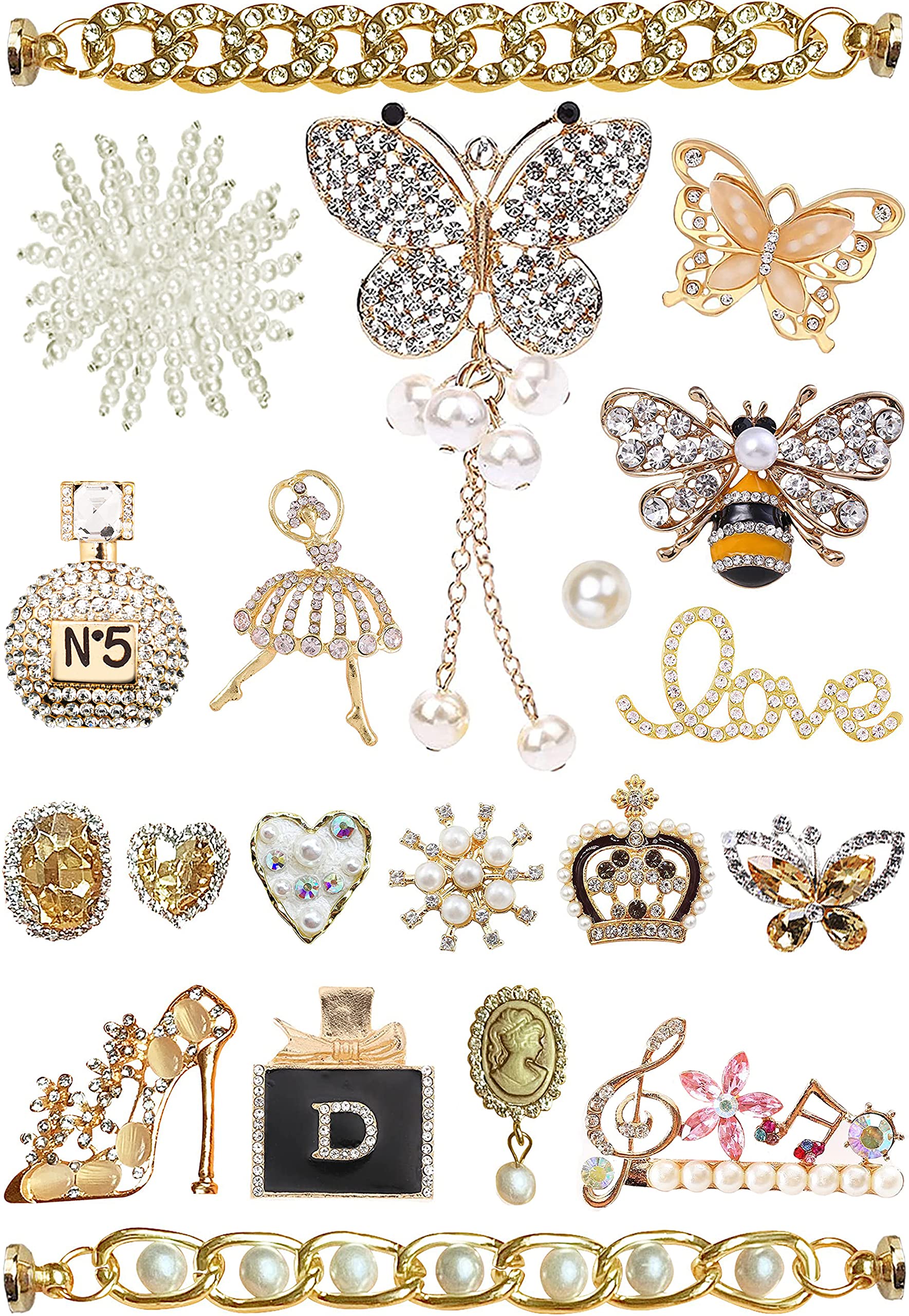 ZOKUZO Chic Bling Shoe Charms Gold and Sliver Designer Jewels Pretty Cute Chains Decorations Accessories for Women Girl Adults