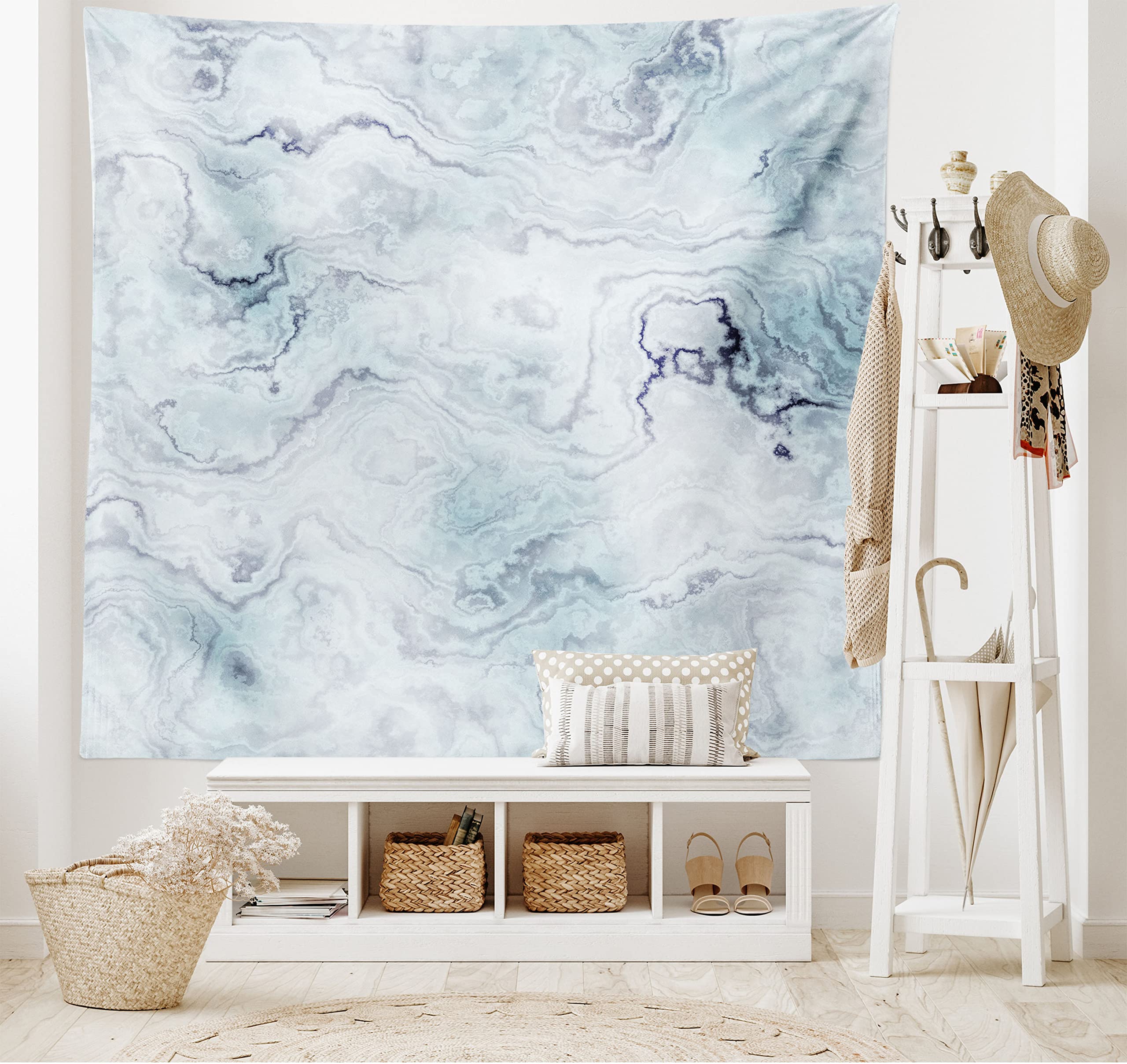 ABAKUHAUS Marble Tapestry, Soft Pastel Toned Abstract Hazy Wavy Pattern Ottoman Influences Image, Fabric Wall Hanging Decor for Bedroom Living Room Dorm, 90 W X 54 L, Pale Blue Grey Mint