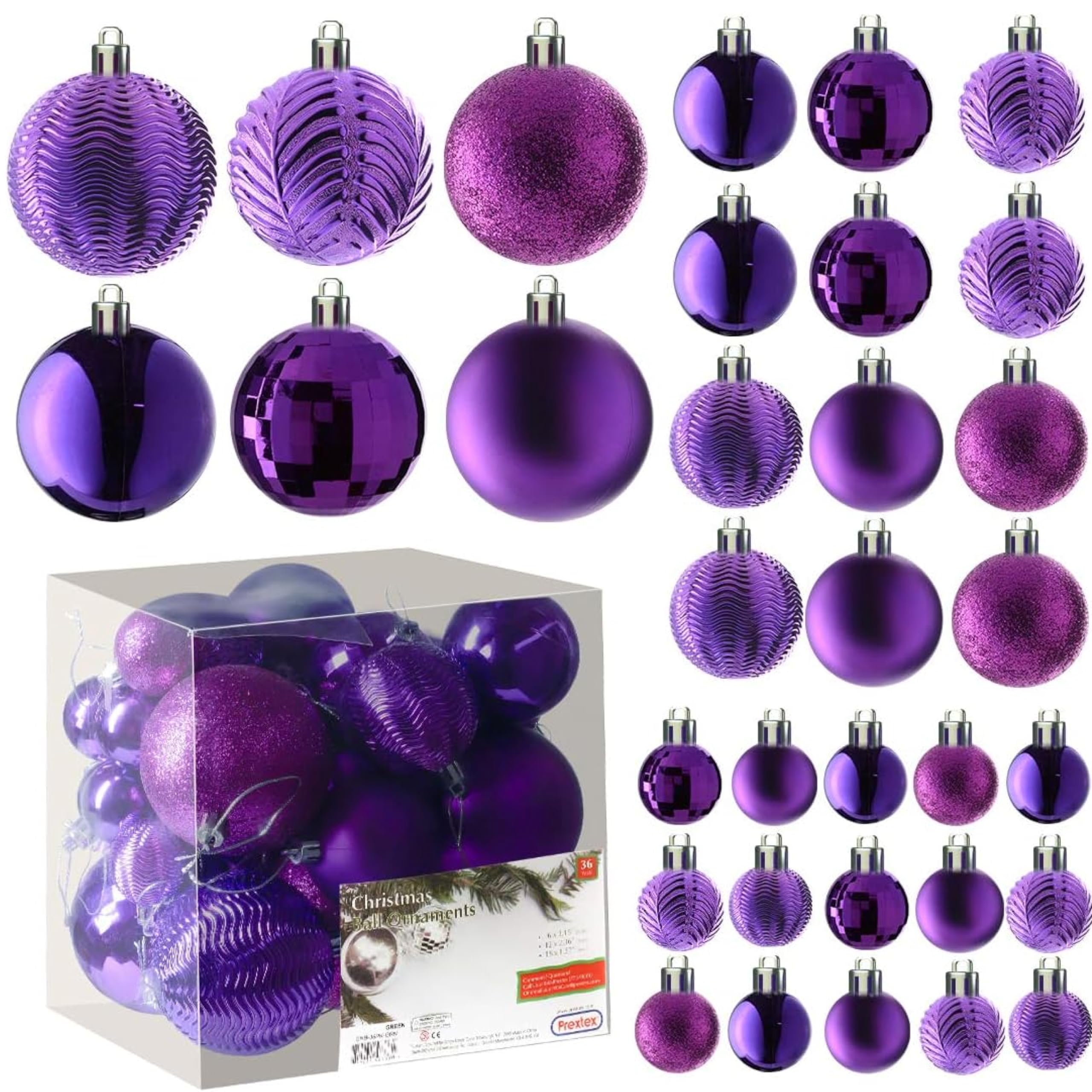 Prextex Purple 36-Piece Shatterproof Christmas Balls - Glitter Balls, Tree Baubles, Exquisite Xmas Combo