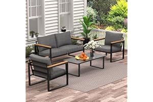 COMLAX FIELD Patio Furniture Set, 4 Pieces Outdoor Patio Furniture with Table Set, Metal Patio Conversation Sets with Washable and High-Resiliency Sponge Cushions, Grey