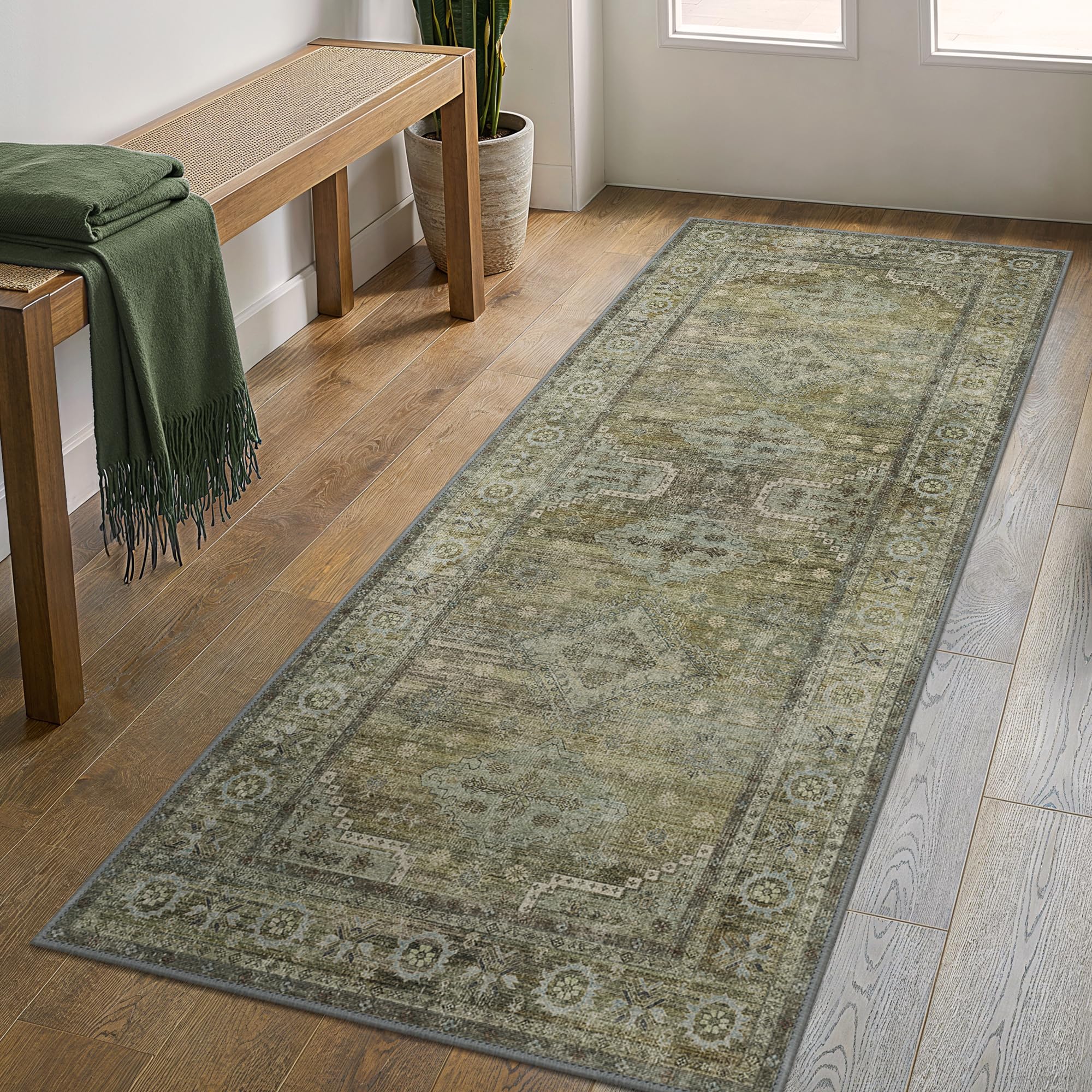 Photo 1 of GENIMO Runner Rug 2x6 Non Slip Machine Washable Vintage Hallway Runner Rugs, Low Pile Lightweight Mat for Living Room, Entryway, Bedroom, Kitchen and Corridor, Distressed Sage