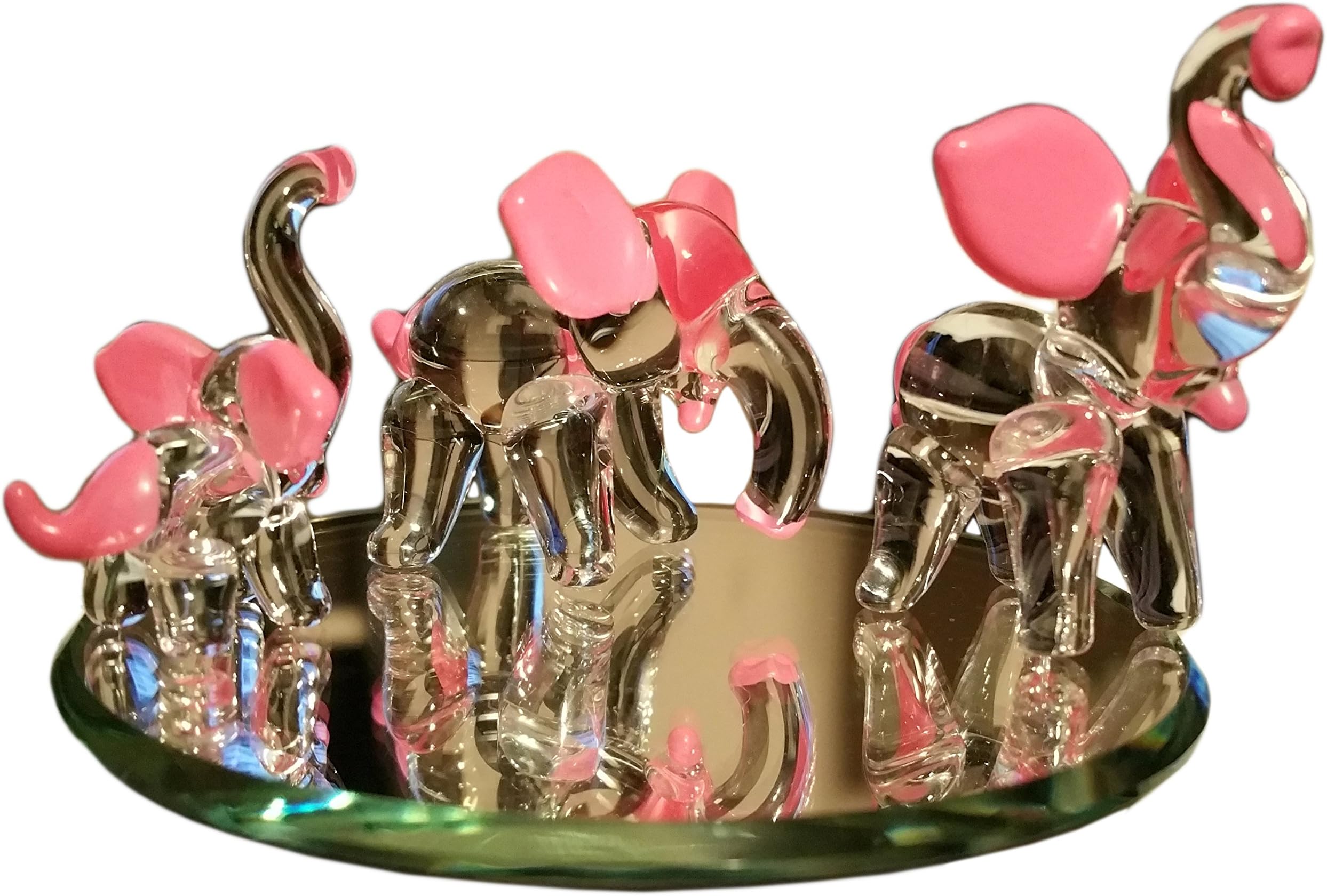 Flame Art Glass Hand Blown Glass Elephant Family Figurines with Beveled Display Mirror, Hot Pink