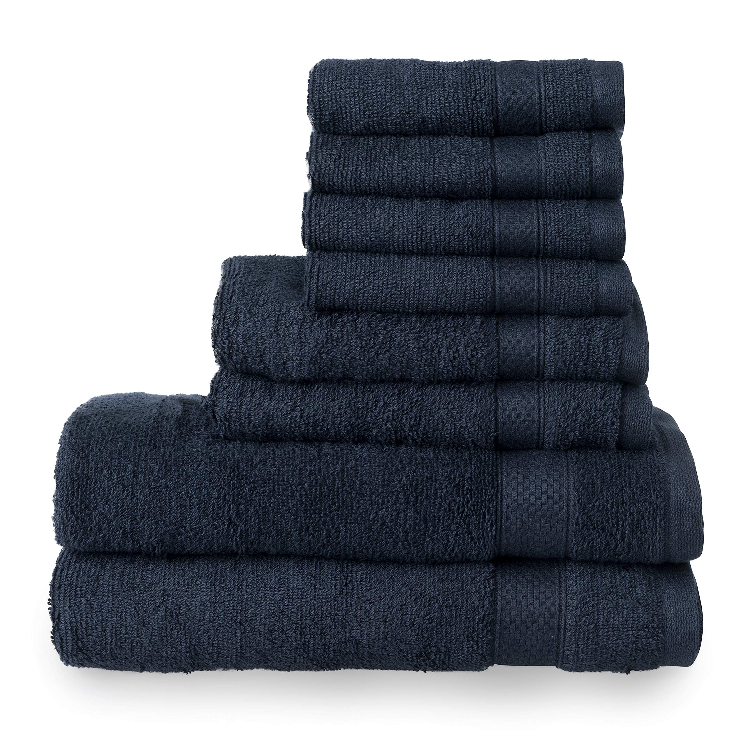 Welhome Basic 100% Cotton Towel (Deep Navy) - 8 Piece Set - Quick Dry - Absorbent - Soft - 434 GSM - Machine Washable - 2 Bath - 2 Hand - 4 Wash Towels
