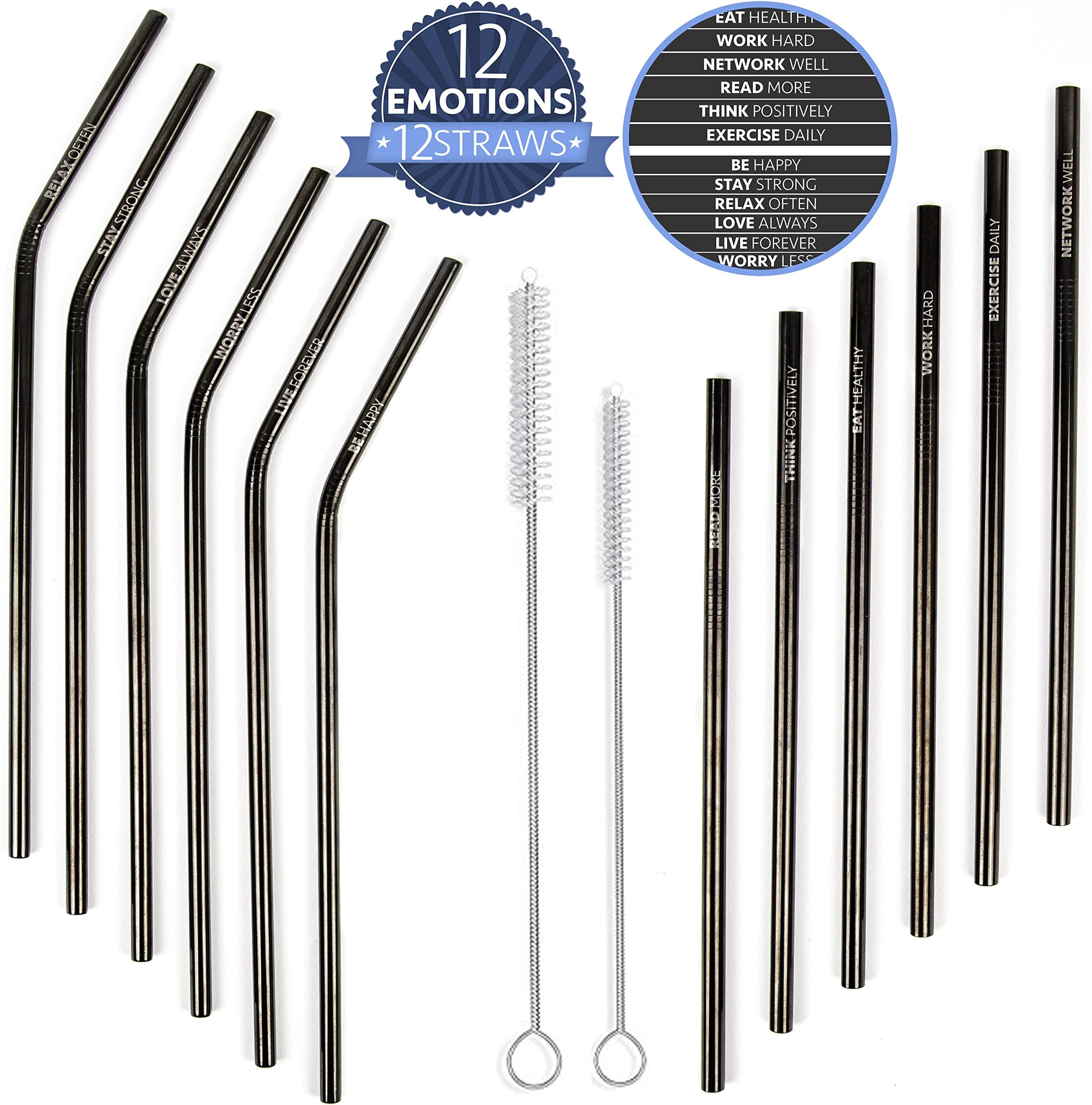 Reusable Stainless Steel Straws with Motivational Quotes by Home Gnome - Set of 12 Long Black Eco Friendly Straws - 6 Straight, 6 Bent + 2 Cleaning Brushes