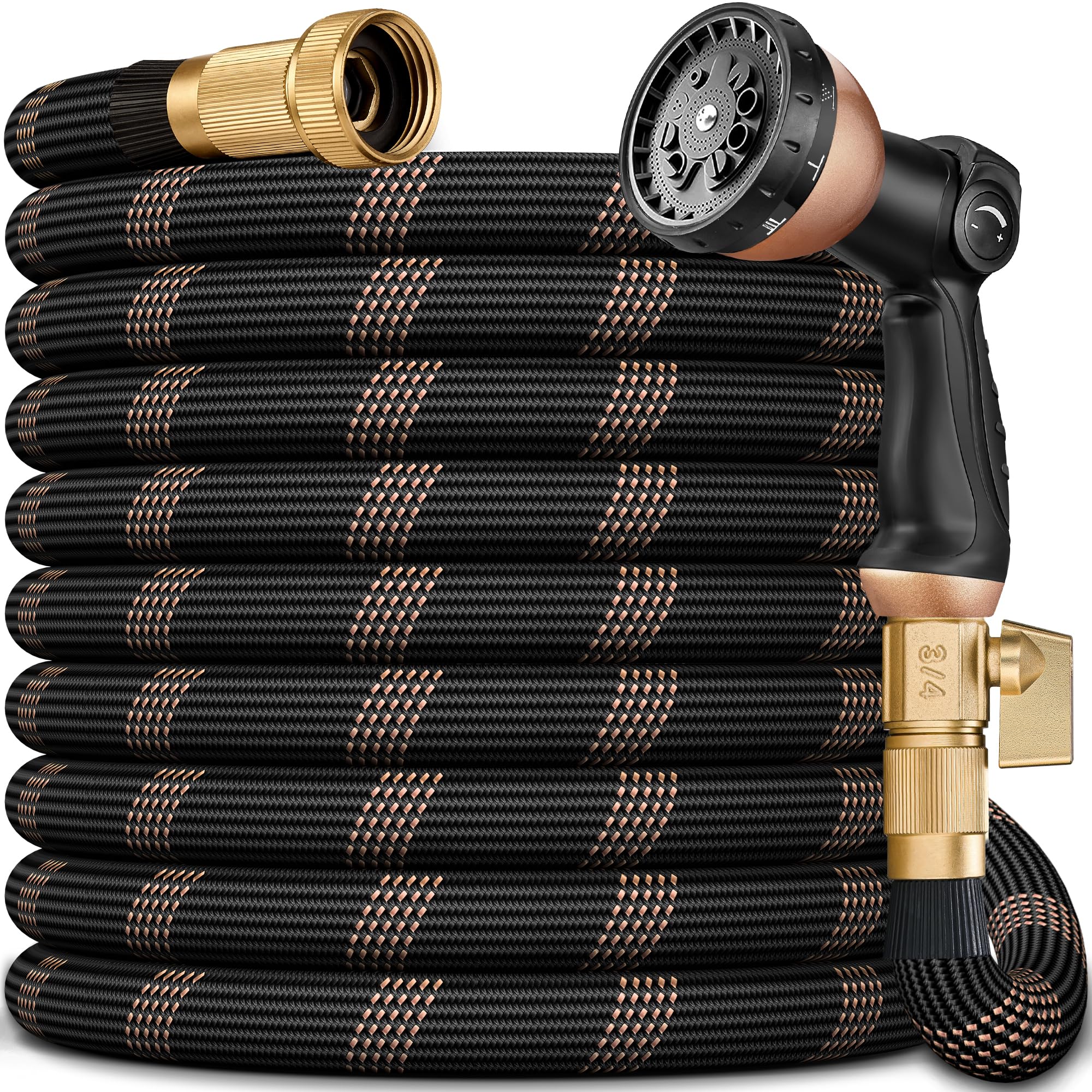 garden hose 75ft, lightweight flexible water hose, 5/8" kink free leak proof hose, heavy duty 96-layer woven with 3/4" brass fittings, 10 function nozzle for yard lawn outdoor car wash(blackrosegold)