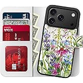 FUNMIKO for iPhone 17 Pro Case Wallet,Detachable Flip Folio Leather Cover,RFID Blocking 4 Card Holder,Magnetic Kickstand,Protective Phone Shell for Women Girls,Blooming Wildflowers