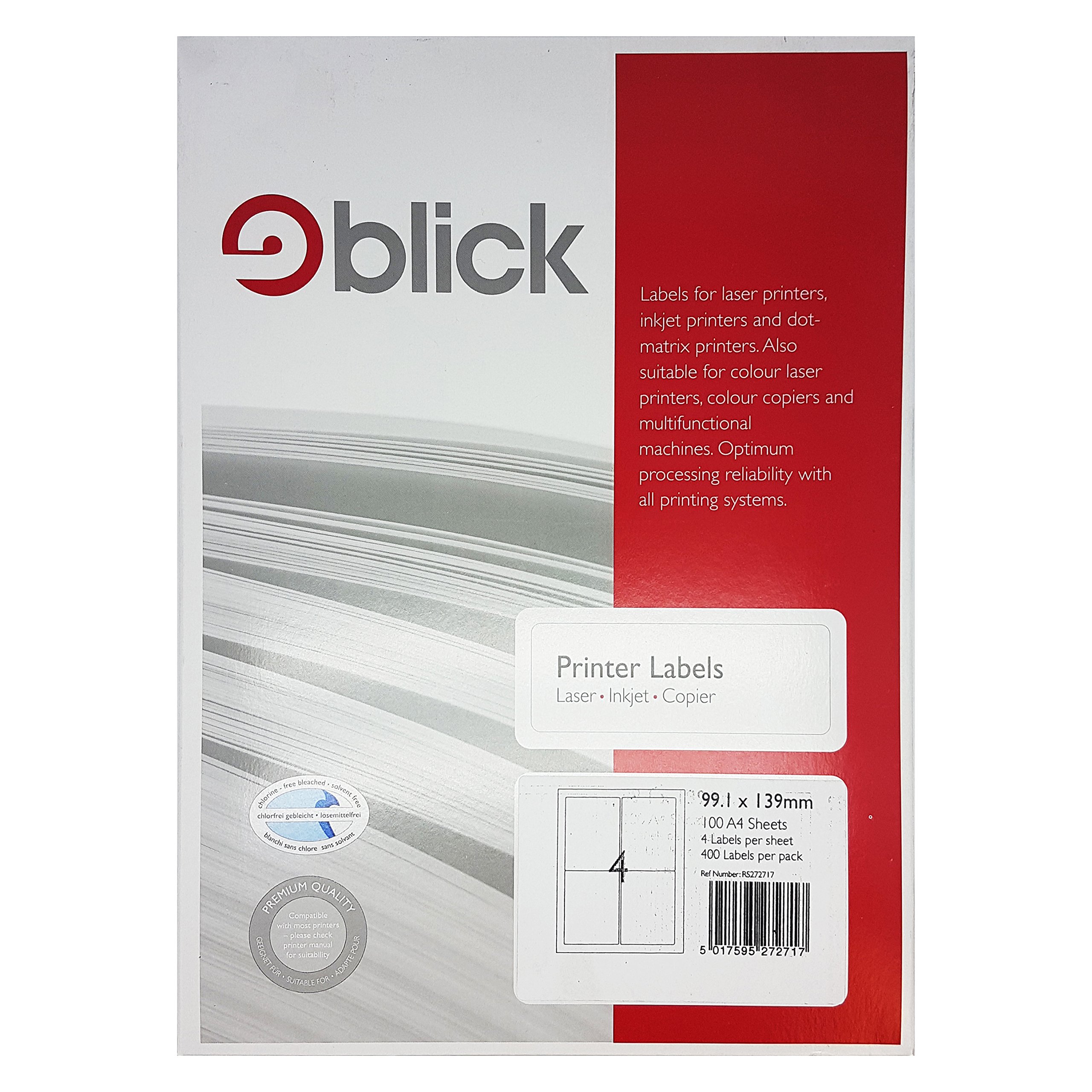 Blick Labels, White, 4 Per Sheet 100 Sheets, Rectangular, 99.1mm x 139mm, 400 Labels, for Home, Office, Family, School