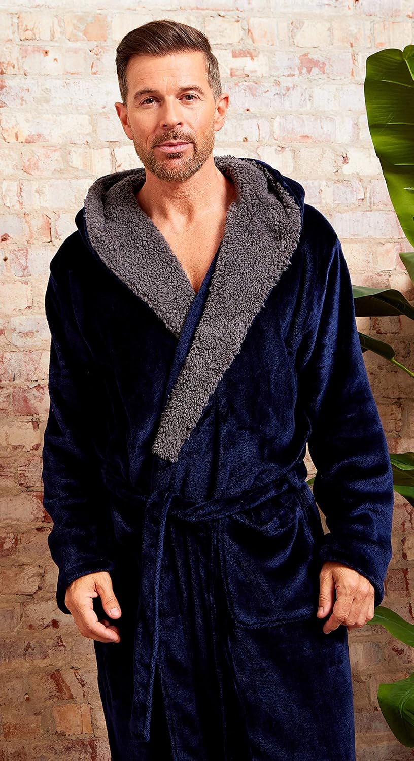 mens navy dressing gown with hood