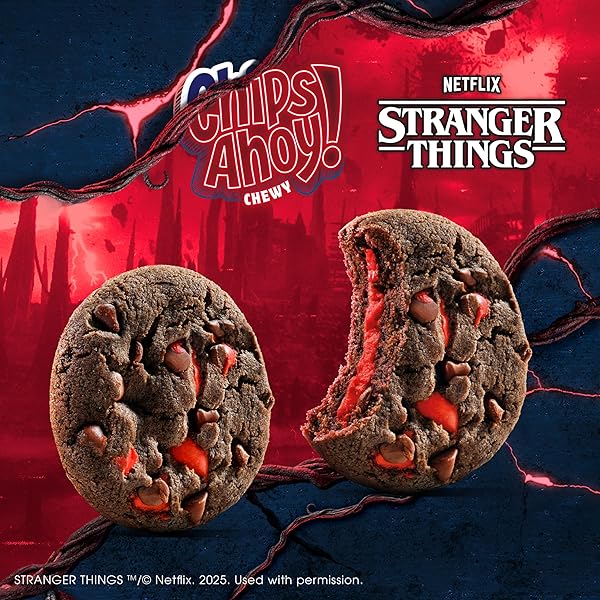 CHIPS AHOY! STRANGER THINGS CHEWY CHOCOLATEY STRAWBERRY-FLAVORED FILLED SOFT COOKIES, LIMITED EDITION, 9.9 OZ