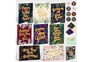 Decorably 24 Pack Gold Foiled 6x4in Happy New Year Cards with Envelopes and Stickers, 8 Elegant Design Happy New Year Greeting Cards with Printed Message Inside