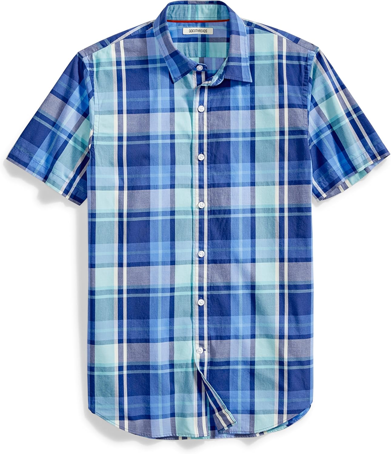 Goodthreads Men's ShortSleeve Madras Plaid Shirt, Blue/Aqua, XXLarge
