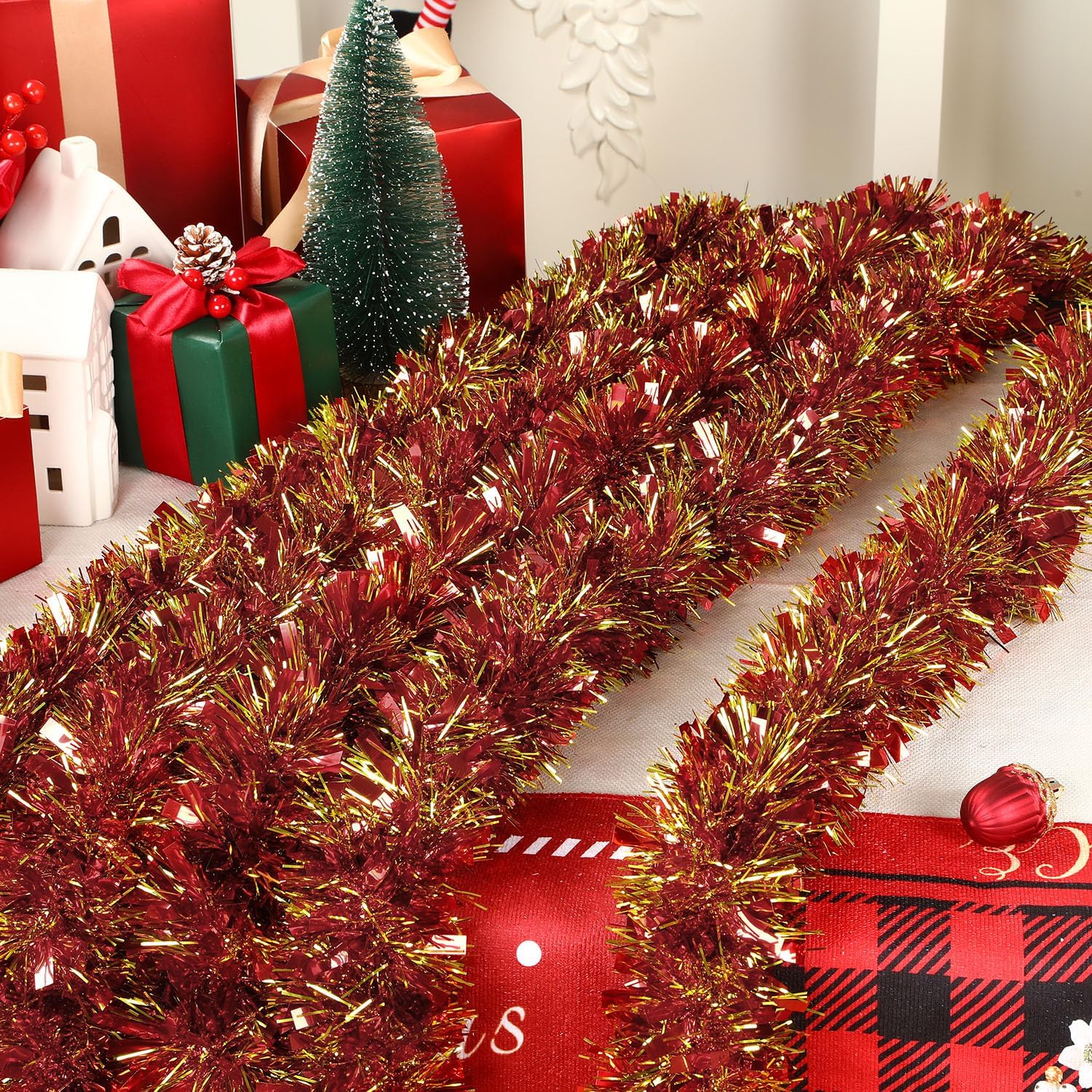 View 1 of Alupssuc 8 Pieces Total 66 FT Christmas Tinsel Garland, Metallic Shiny Twist Garland Hanging Decorations for Christmas Party Indoor and Outdoor Decor, Red and Gold