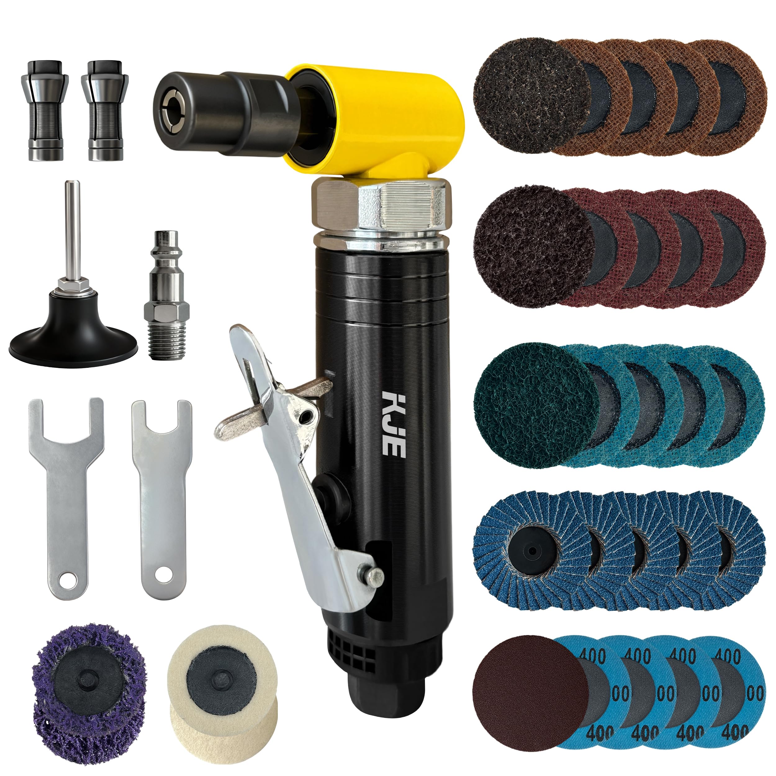 Photo 1 of KJE Right Angle Die Grinder Kit, 90 Degree, 25000RPM, 29PCS 2" Sanding Discs, Polished Color Angle Pneumatic Die Grinder for Polishing, Grinding, Engraving, Deburring, Air Die Grinder 1/4